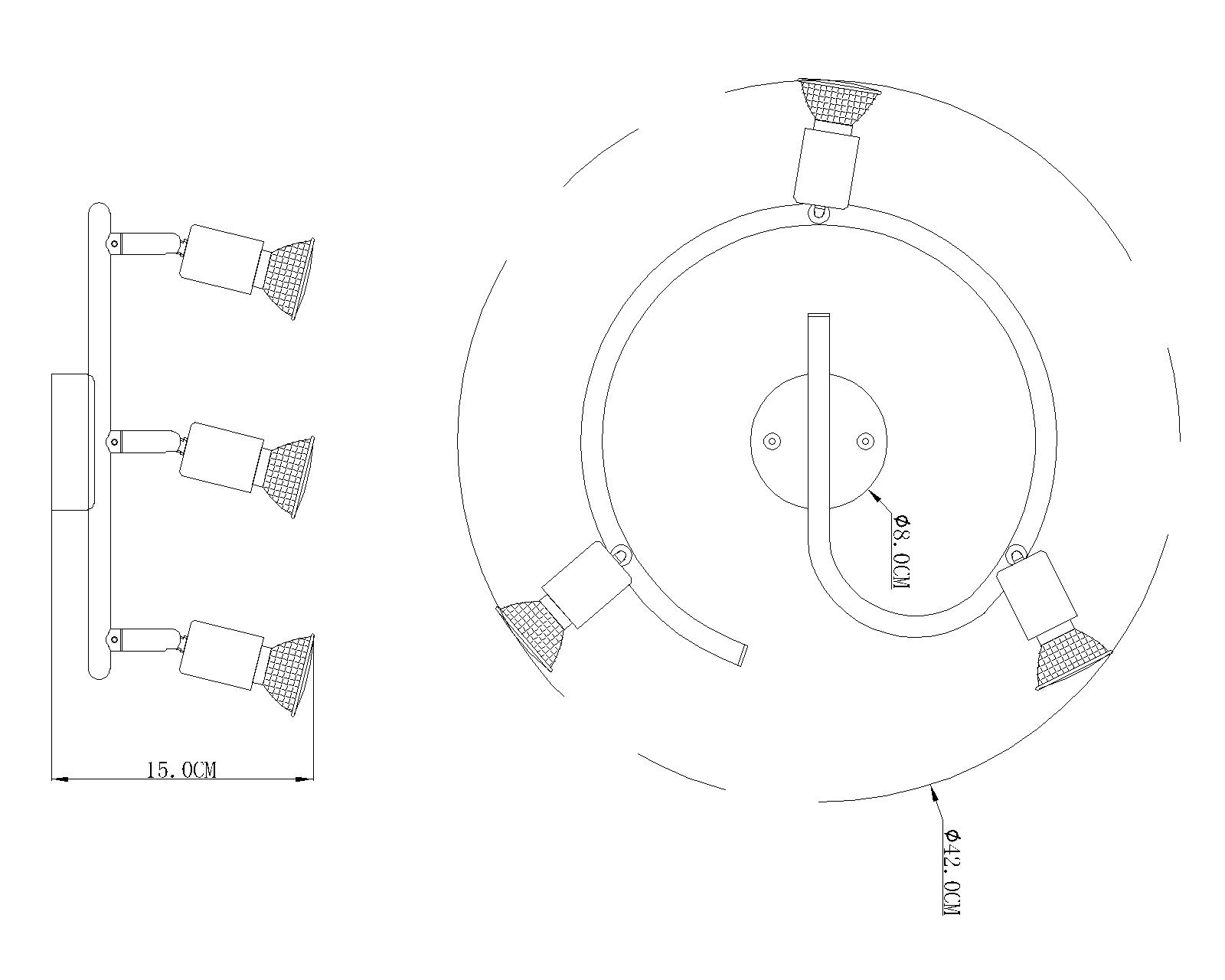 Technische Zeichnung des OLANA Deckenstrahlers aus grünem Metall: drei schwenkbare Spots an e‑förmigem Arm, Ø42 cm, 3x GU10 LED 3W, gesamt 750 lm, 3000K warmweiß. Hersteller: Globo Handels GmbH, Modell 57381-3G.