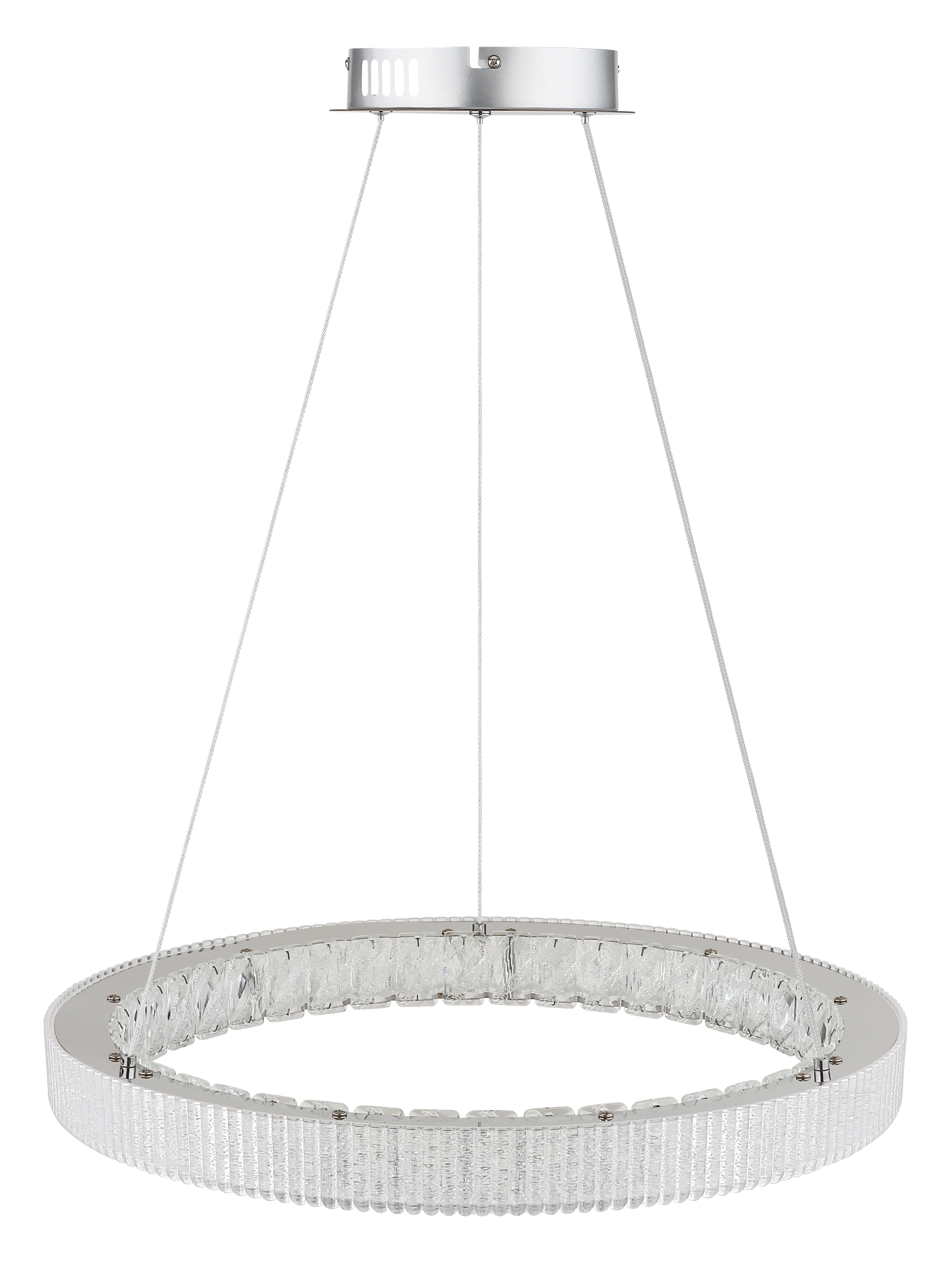 Produktfoto: runde Ring-Pendelleuchte LUMINARA aus verchromtem Edelstahl mit transparentem Acryl im Kristall-Effekt, höhenverstellbar an drei Seilen, Hersteller Globo Handels GmbH, Artikelnummer 67395-36