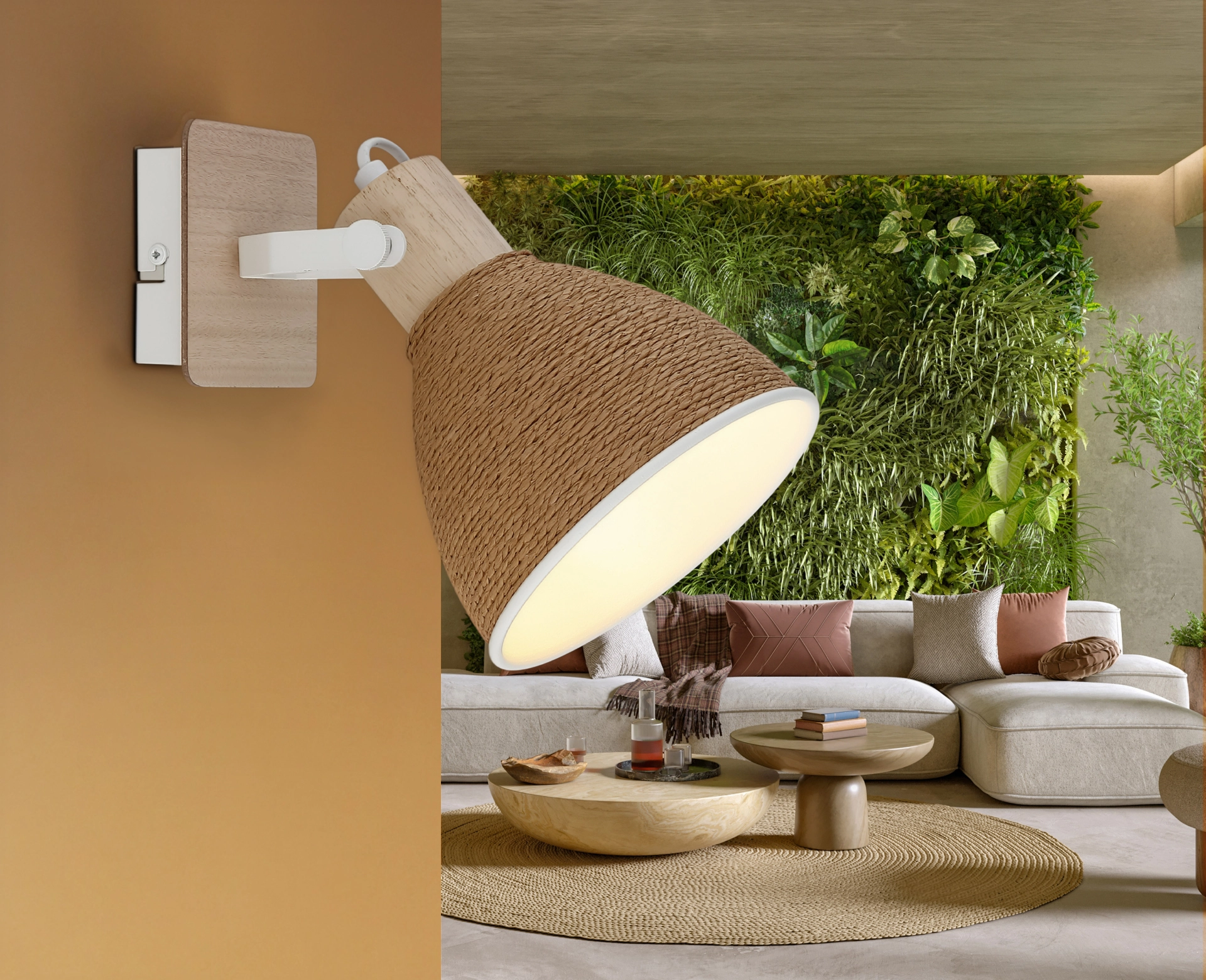 LYNDON wall spotlight with wood-look backplate, matt white metal body and paper cord-wrapped shade; warm light in the living room – model 16466-1 by Globo Handels GmbH