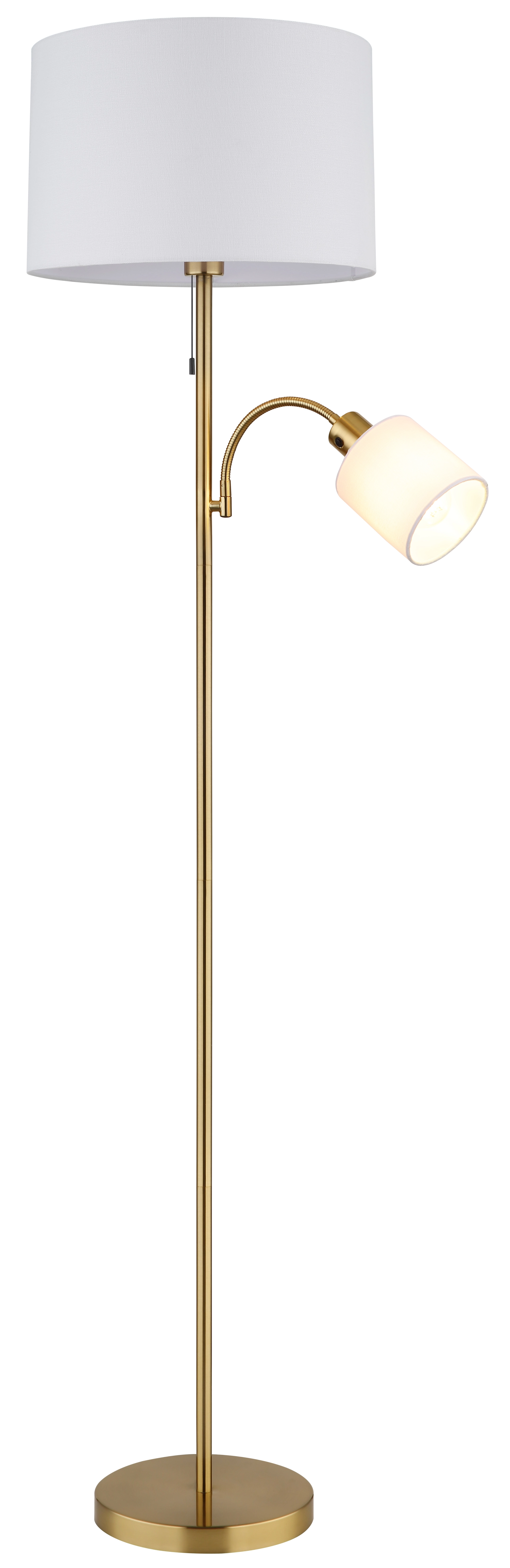 TRUETT Stehleuchte aus Metall in messingfarbener Matt-Optik mit weißem Leinenschirm, verstellbarer Leuchtenarm, Globo Handels GmbH, Modell 15994S1
