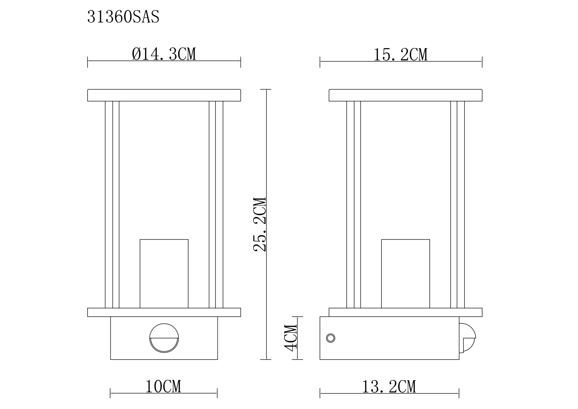 Plan technique de l’applique extérieure GRACEY 31360SAS en acier inox sable mat avec verre clair de Globo Handels GmbH ; dimensions : hauteur 25,2 cm, largeur 15,2 cm/Ø 14,3 cm, socle 13,2 x 10 cm.