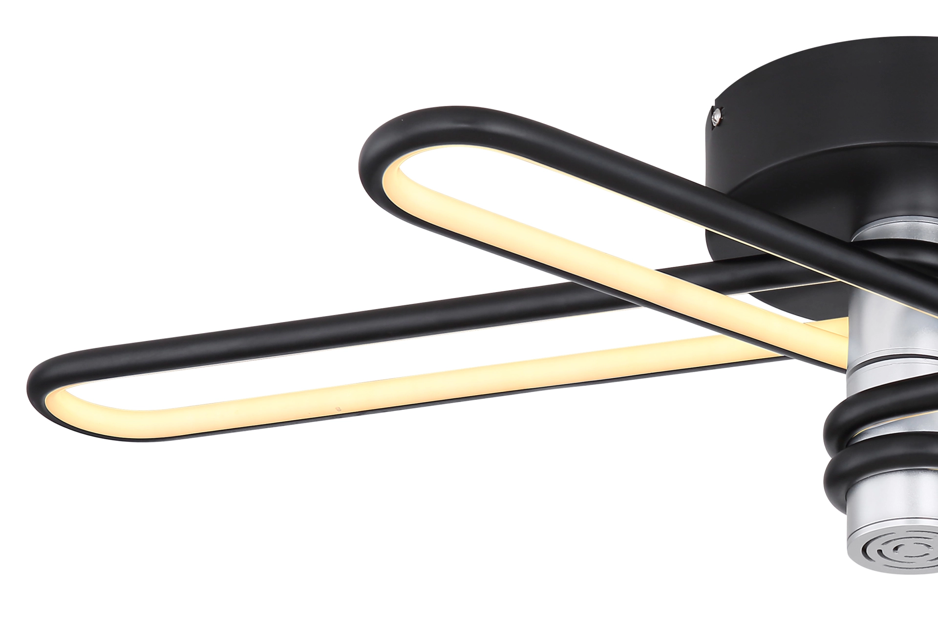 TOPPOLE Deckenlampe von Globo, 58007DL: Nahaufnahme schwarz-matter Aluminiumröhren mit opalem Kunststoff, L-förmig angeordnet; warmweißes LED 1400 lm/3000 K, integrierter 5W-Bluetooth-Lautsprecher, 91,5x46,5 cm