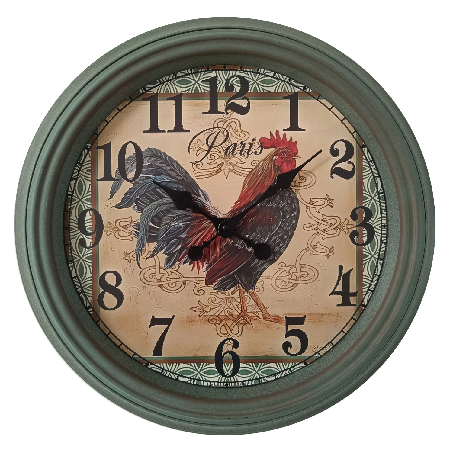 Produktbild: Wanduhr JULIA von Globo Handels GmbH mit rundem grünem Kunststoffrahmen, Glasabdeckung und klarem arabischem Ziffernblatt; Vintage-Hahn-Motiv im Zentrum; Modell B992522 – dekorativ für Küche, Wohnzimmer oder Büro