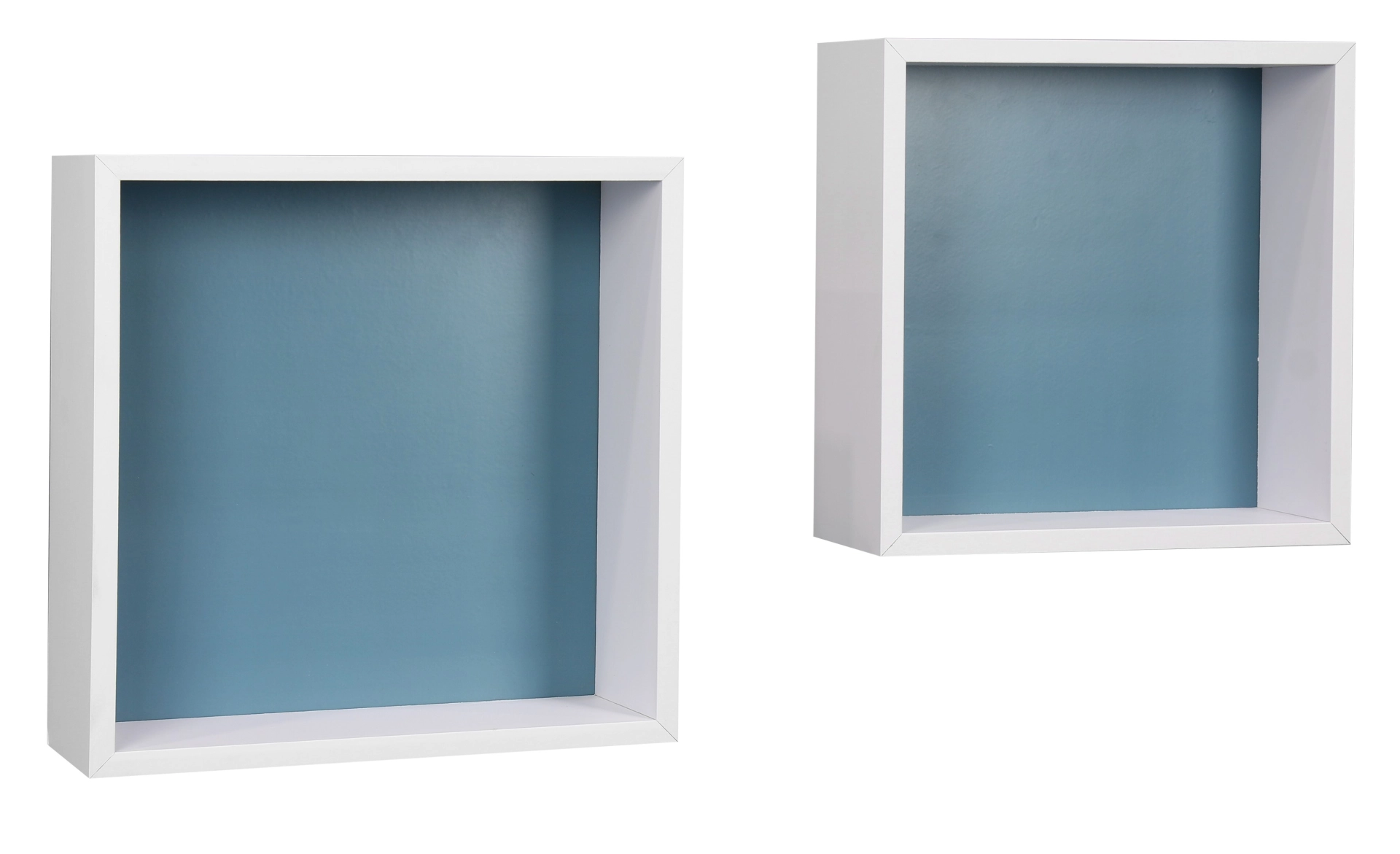 Zwei quadratische Wandregale/Schaukasten-Boxen in Weiß mit blauer Rückwand, ideal zum Präsentieren von Deko, Büchern oder Sammlerstücken – modernes, schwebendes Regal-Set