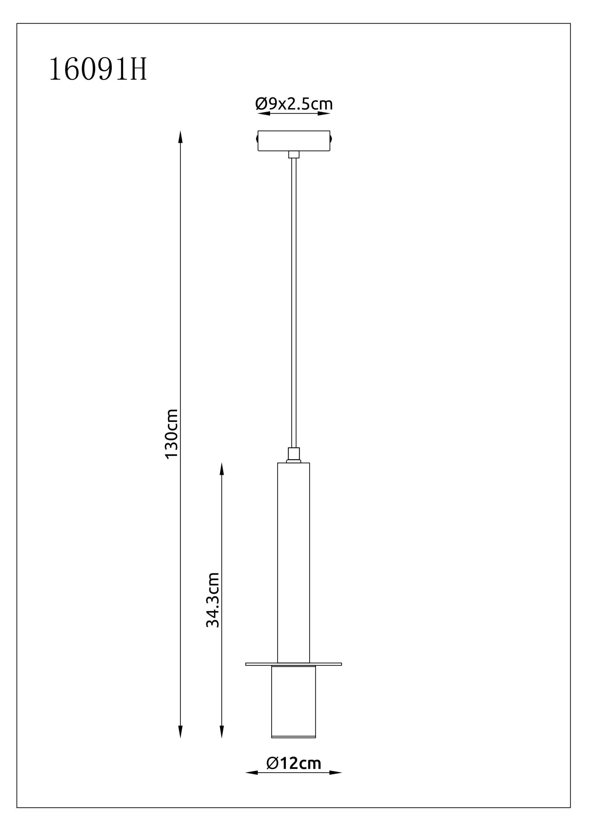 Technische Zeichnung der Hängeleuchte SHANNA (Globo Handels GmbH): schlanke Pendelleuchte mit schwarzem Travertin-Zylinder, Ø12 cm, Körperhöhe 34,3 cm, Baldachin Ø9 x 2,5 cm, Abhängung 130 cm; GU10 LED, je Leuchtmittel dimmbar.