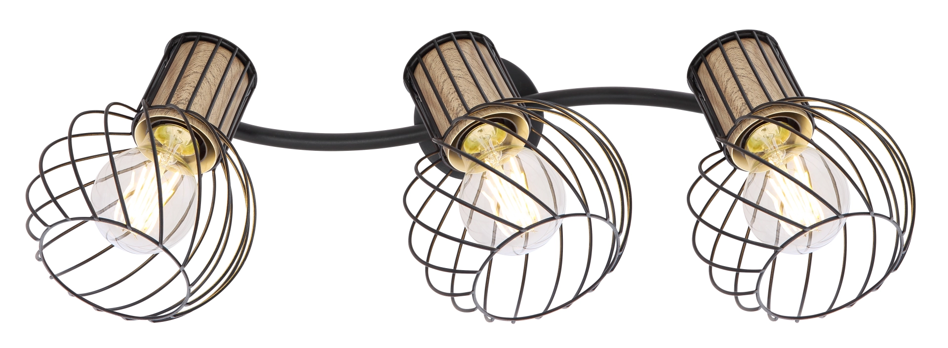 Produktbild: Globo LUISE Strahler, 3-flammig, Metall schwarz mit Holzoptik, geschwungene Drahtgeflecht-Schirme, E27-Fassung bis 40W, dimmbar, Leuchtmittel austauschbar, Artikel 54012-3DS