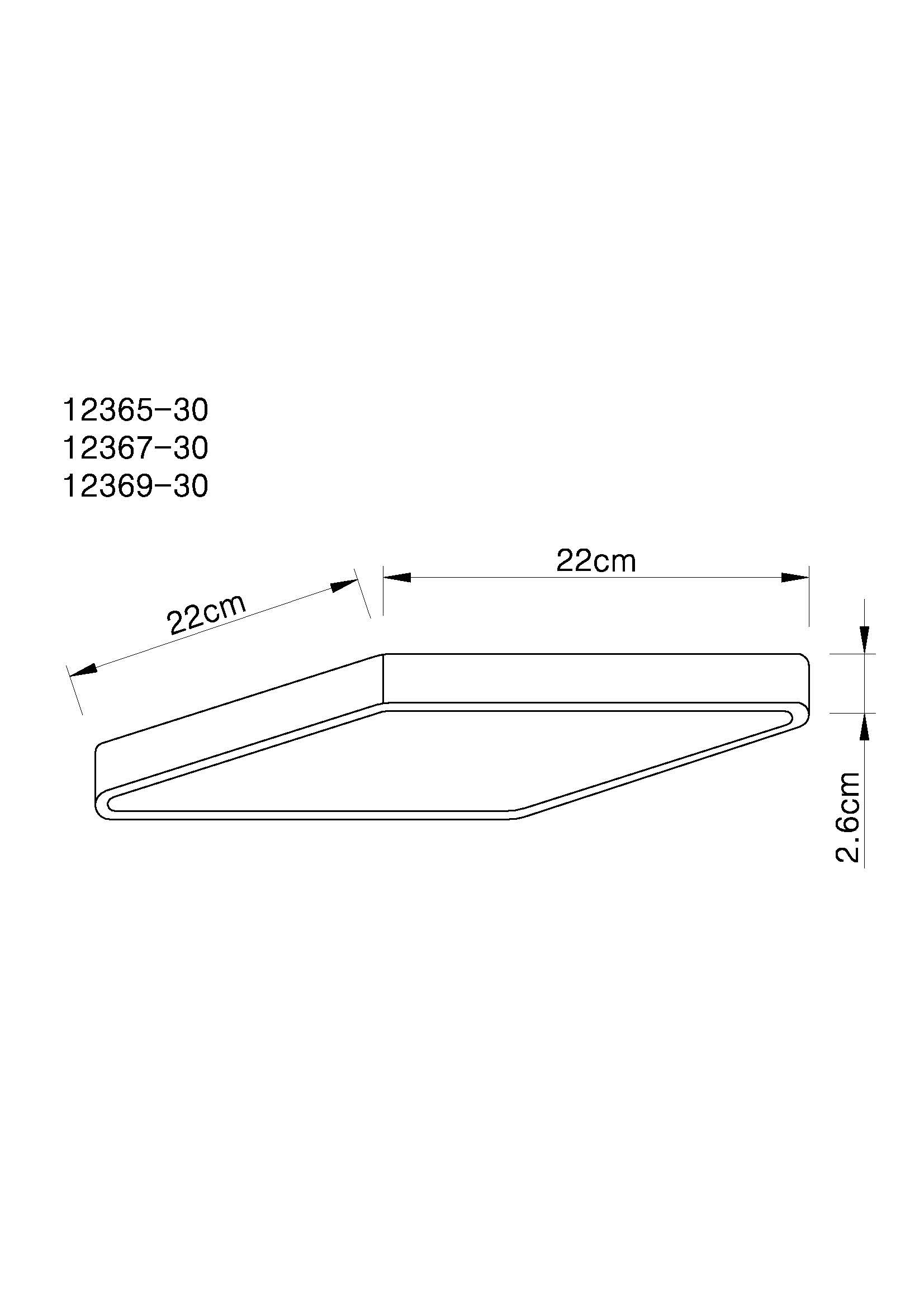 Technische Zeichnung der quadratischen LED-Deckenleuchte ECHO von Globo Handels GmbH, 22x22 cm, Höhe 2,6 cm, matt schwarzes Metall mit satiniertem Acryl, dimmbar, warmweiß – Modell 12369-30