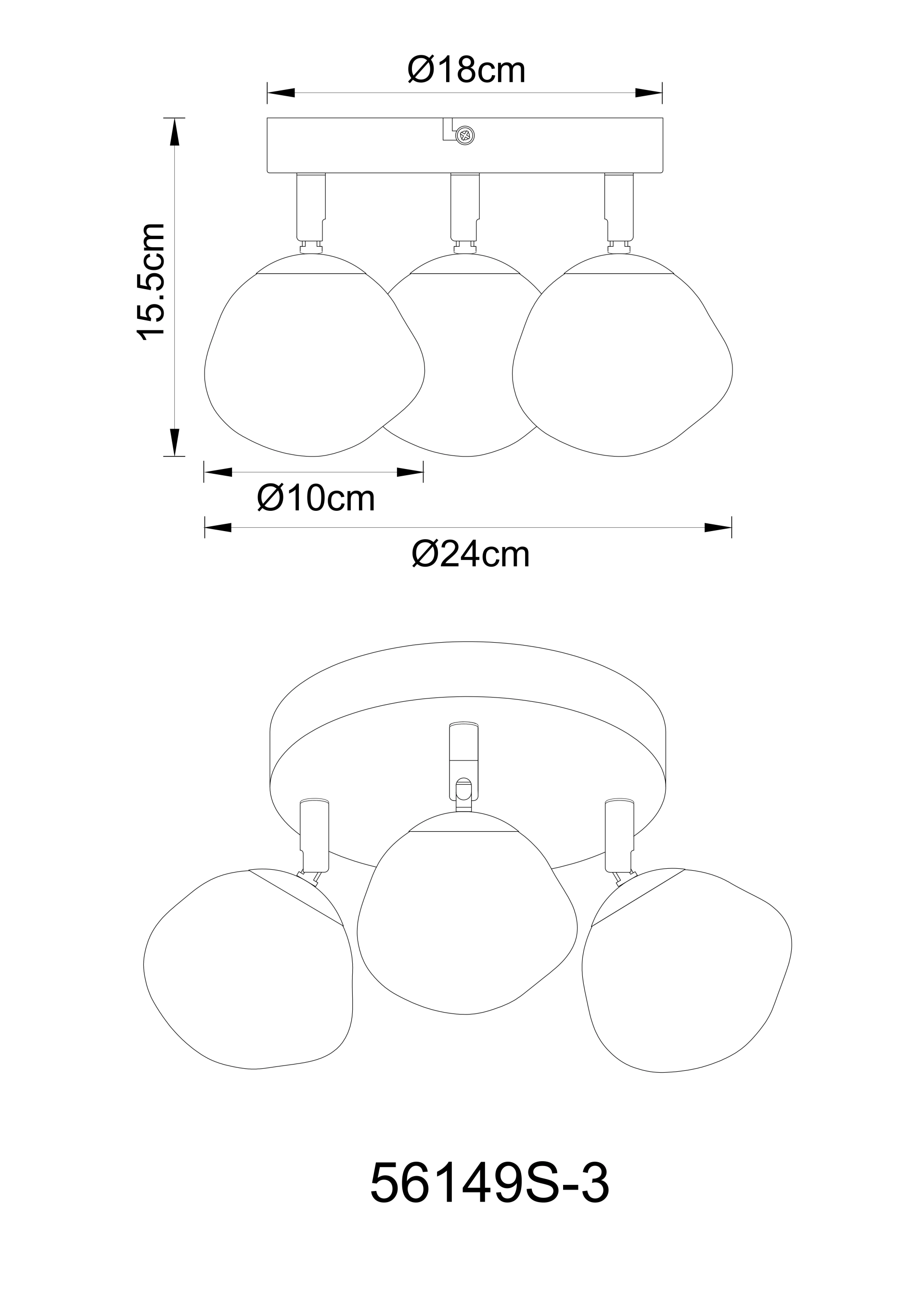 Technische Zeichnung der Deckenleuchte/Strahler VELORA, 3-flammig, Metall schwarz matt mit rauchfarbenem Glas, Maße: Ø24 cm, Schirm Ø10 cm, Höhe 15,5 cm; Modell 56149S-3 von Globo Handels GmbH.