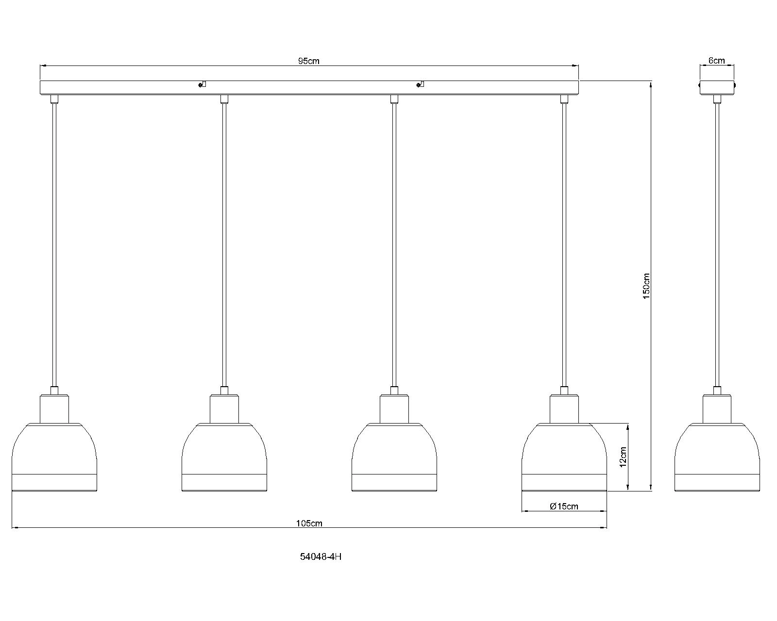 Technische Zeichnung: KAIRO Pendelleuchte 4-flammig von Globo Handels GmbH, Metall schwarz‑chrom matt mit rauchfarbenem Glas; Baldachin 95 cm, Gesamtbreite 105 cm, Höhe max. 150 cm, Schirm Ø15 cm, Art.-Nr. 54048-4H