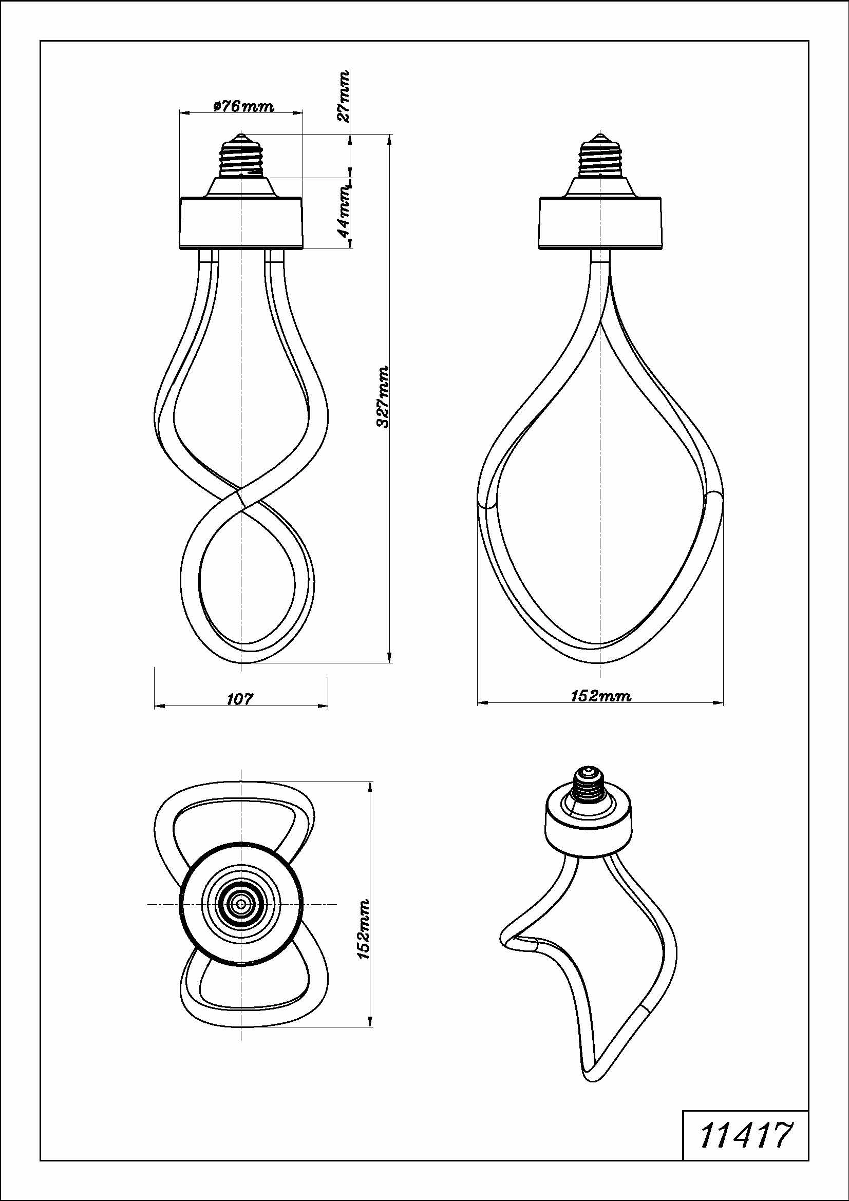 Technische Zeichnung der spiralförmigen LED-Leuchte aus Kunststoff/Aluminium in Schwarz matt, Fassung E27, Ø152 mm, Höhe ca. 327 mm; gleichmäßige Lichtverteilung. Produkt: LED Leuchtmittel Kunststoff schwarz matt – Globo Handels GmbH 11417