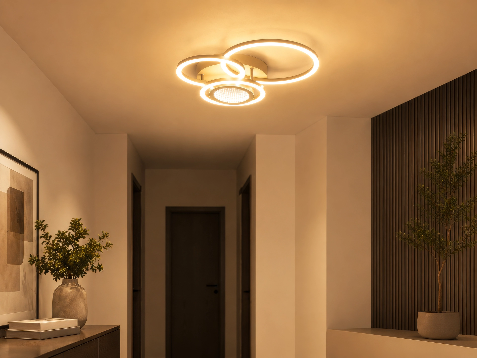 Deckenleuchte RANDELL (Globo Handels GmbH, 67370-40S) aus sandfarben mattem Metall und kaffeefarben mattem Kunststoff; moderne LED-Ringleuchte, die warmweißes Licht in einem Flur spendet