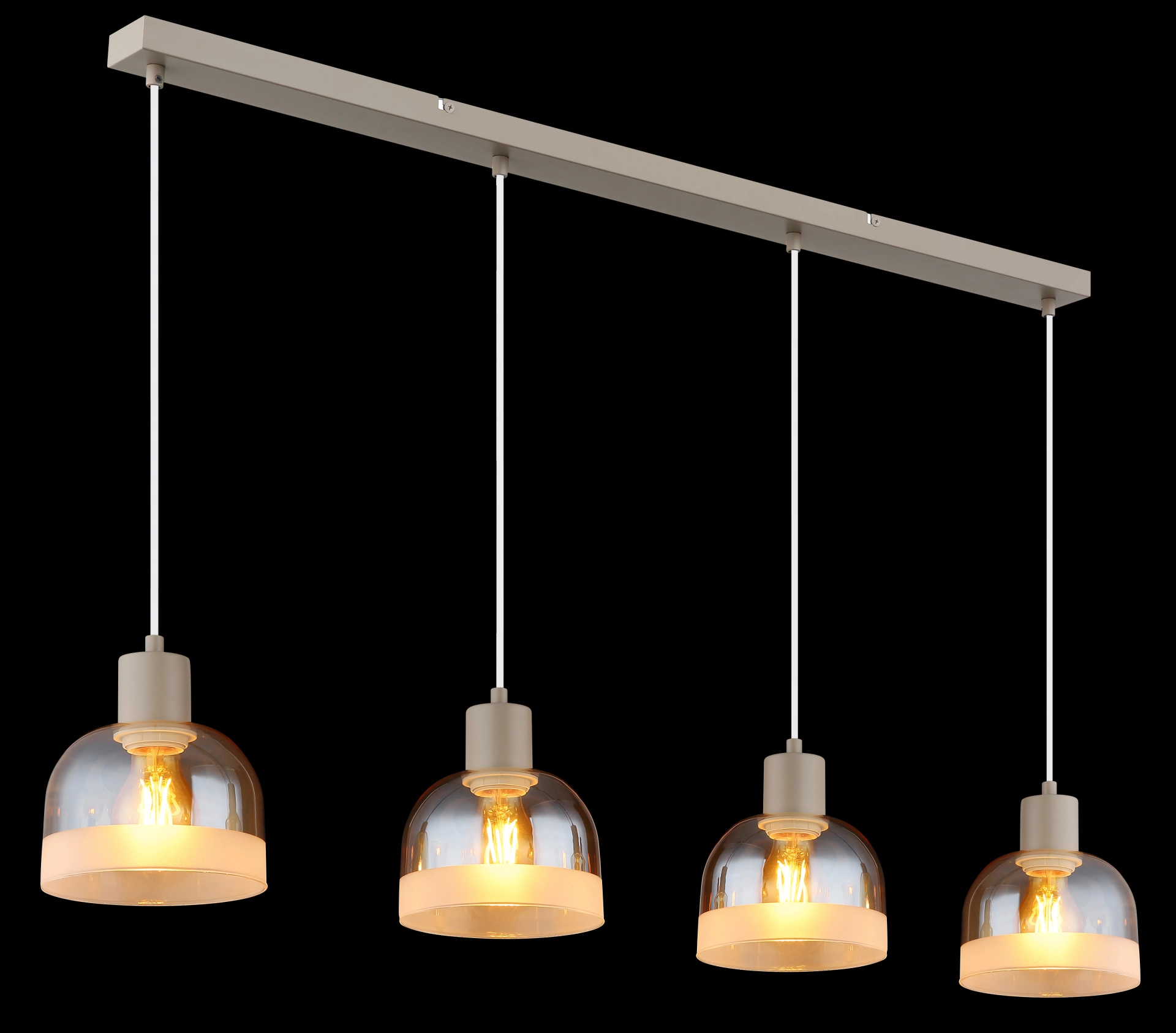 Produktfoto: KAIRO 4-flammige Hängeleuchte von Globo Handels GmbH, Metall sandfarben matt mit amberfarbenen Glas-Schirmen, lineare Pendelleuchte, warmes Licht, Modell 54048-4HSA