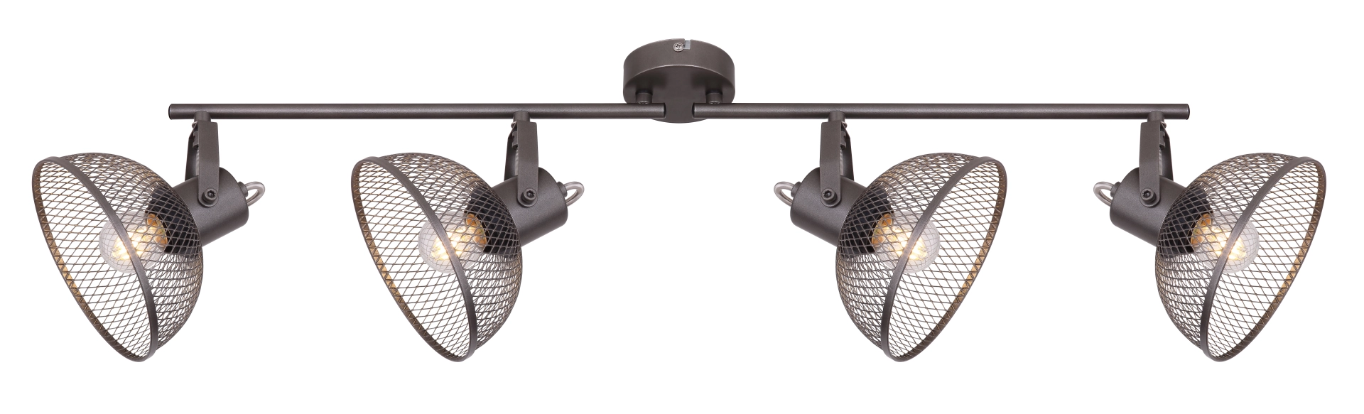 Vierflammiger Deckenstrahler MONIGA mit rostfarbener Metall-Flechtung auf langer Schiene; vier verstellbare Mesh-Schirme, E27 (max. 40W), Länge 93,6 cm – Industrie-Stil; Hersteller Globo Handels GmbH, Modell 54325-4