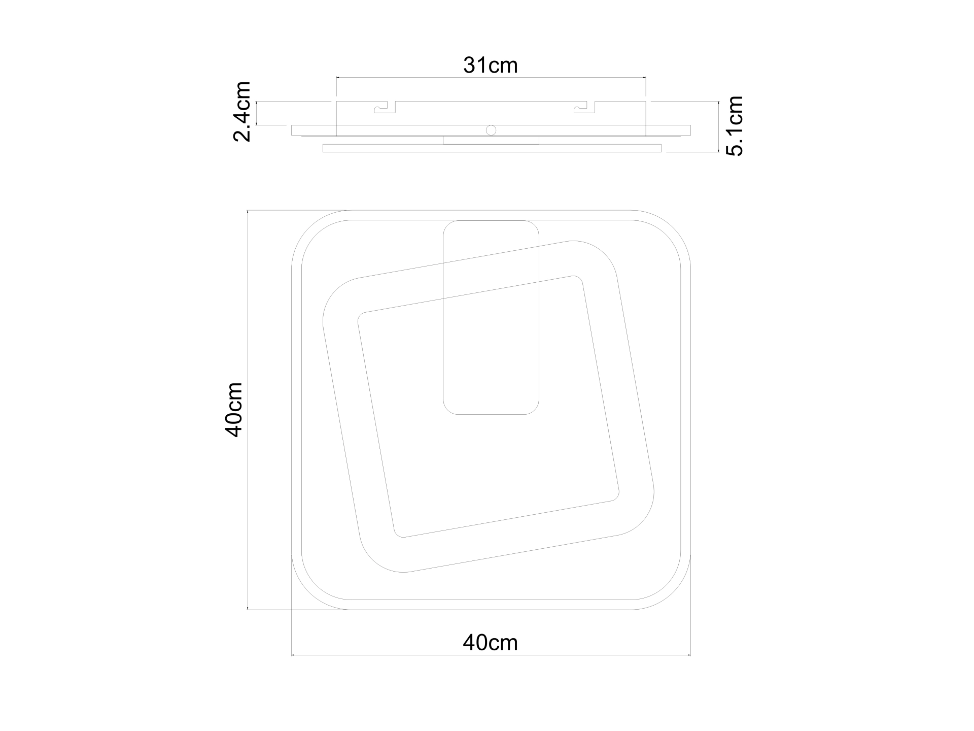 Technische Zeichnung der RODAN LED-Deckenleuchte von Globo Handels GmbH (48435-36): quadratisch 40×40 cm, Höhe ca. 5,1 cm, moderne Acryl/Metall-Konstruktion; zeigt Aufbau und Maße des Designs in Weiß/Schwarz matt.