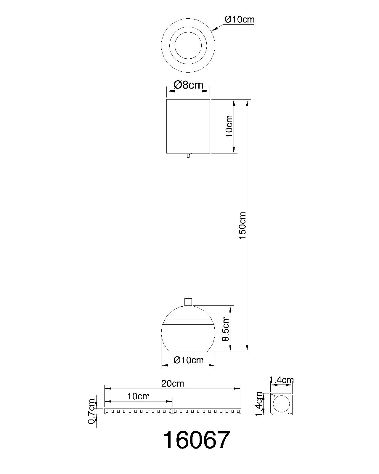 Technische Zeichnung der EVARA Hängeleuchte (16067) von Globo Handels GmbH: Metall sandfarben matt mit Travertin, Kugelschirm Ø10 cm, Schirmhöhe 8,5 cm, Pendellänge 150 cm, Baldachin Ø10 cm