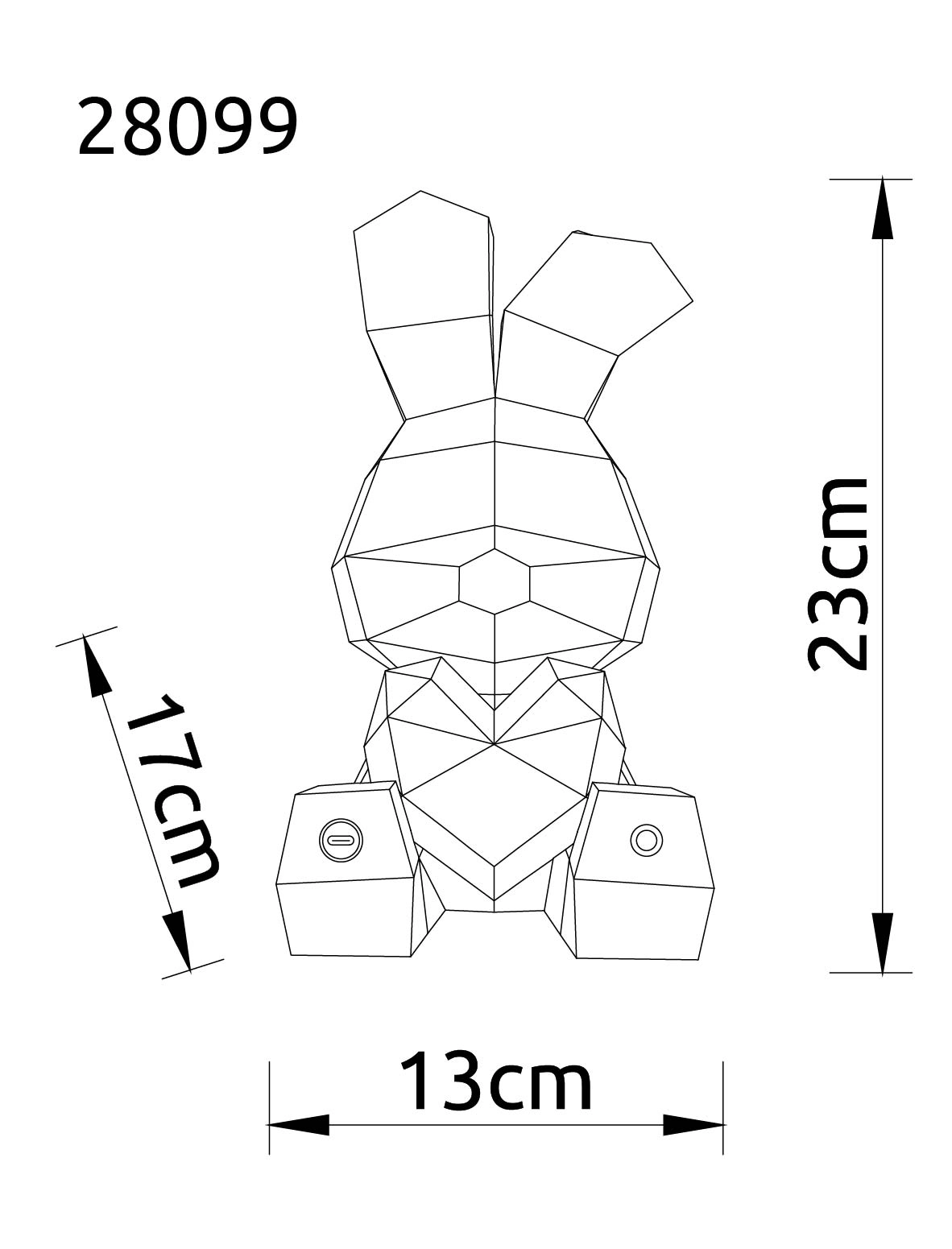 Technische Zeichnung BRONDAR Tischleuchte 28099 von Globo Handels GmbH – Kunststoff klar/rot mit Kristall-Effekt – Abmessungen: Höhe 23 cm, Breite 13 cm, Tiefe 17 cm; Kaninchen-Design.