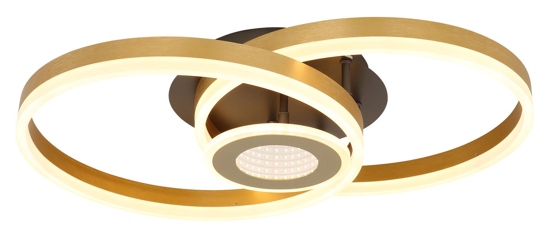 Produktbild: ELORIA Deckenleuchte mit zwei überlappenden LED-Leuchtringen aus goldfarben gebürstetem Aluminium und schwarz matt gebürstetem Sockel; Hersteller Globo Handels GmbH, Modell 67385-42 – moderne Wohnraumbeleuchtung