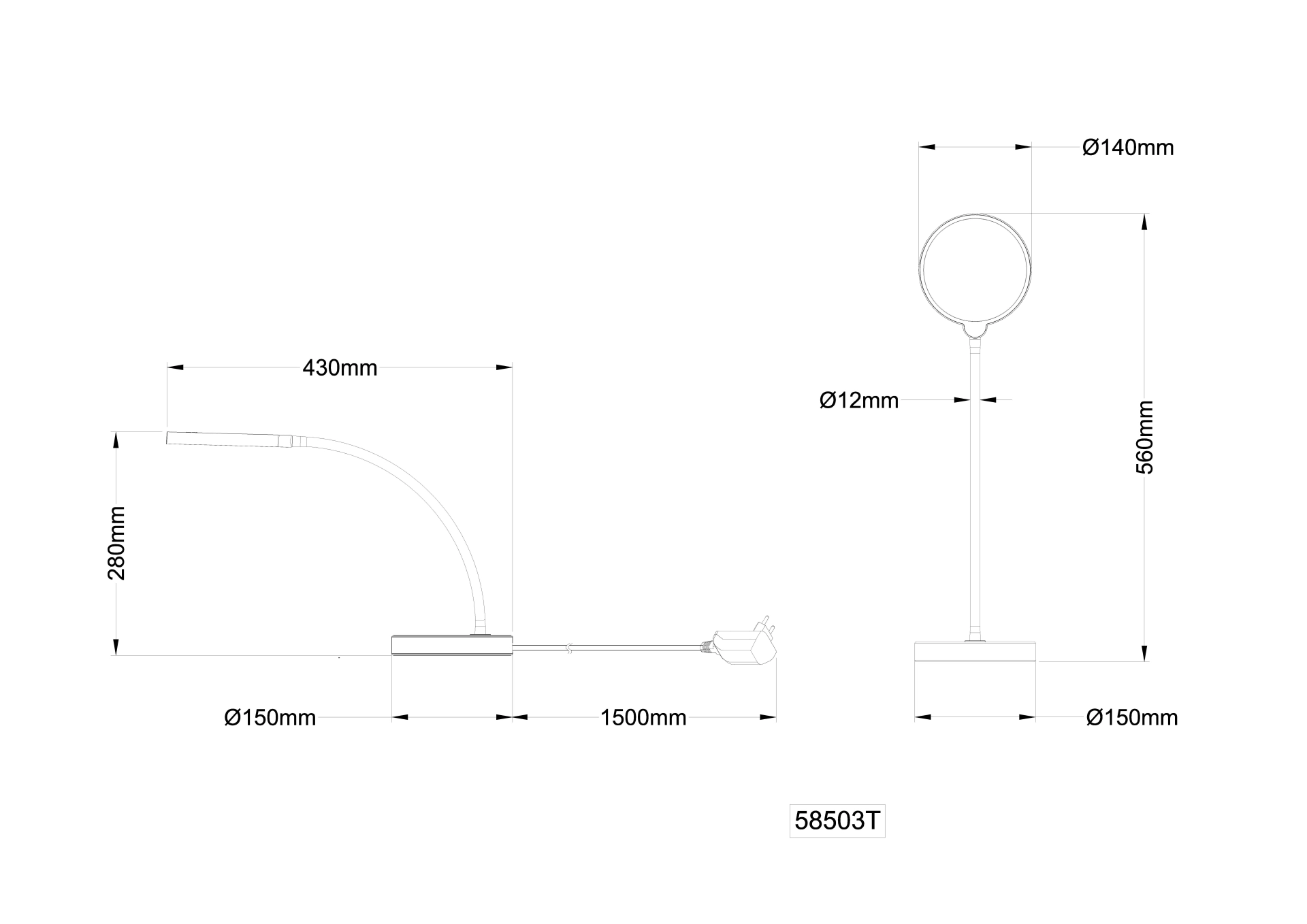 Technische Zeichnung der Tischleuchte KALDERON 58503T: runder Schirm Ø140 mm, Sockel Ø150 mm, Höhe 560 mm, Ausladung 430 mm, Höhe gebogen 280 mm, Stab Ø12 mm, Kabel 1500 mm; LED 8 W, 640 lm; Metall/Kunststoff schwarz matt, opal; Flexo.