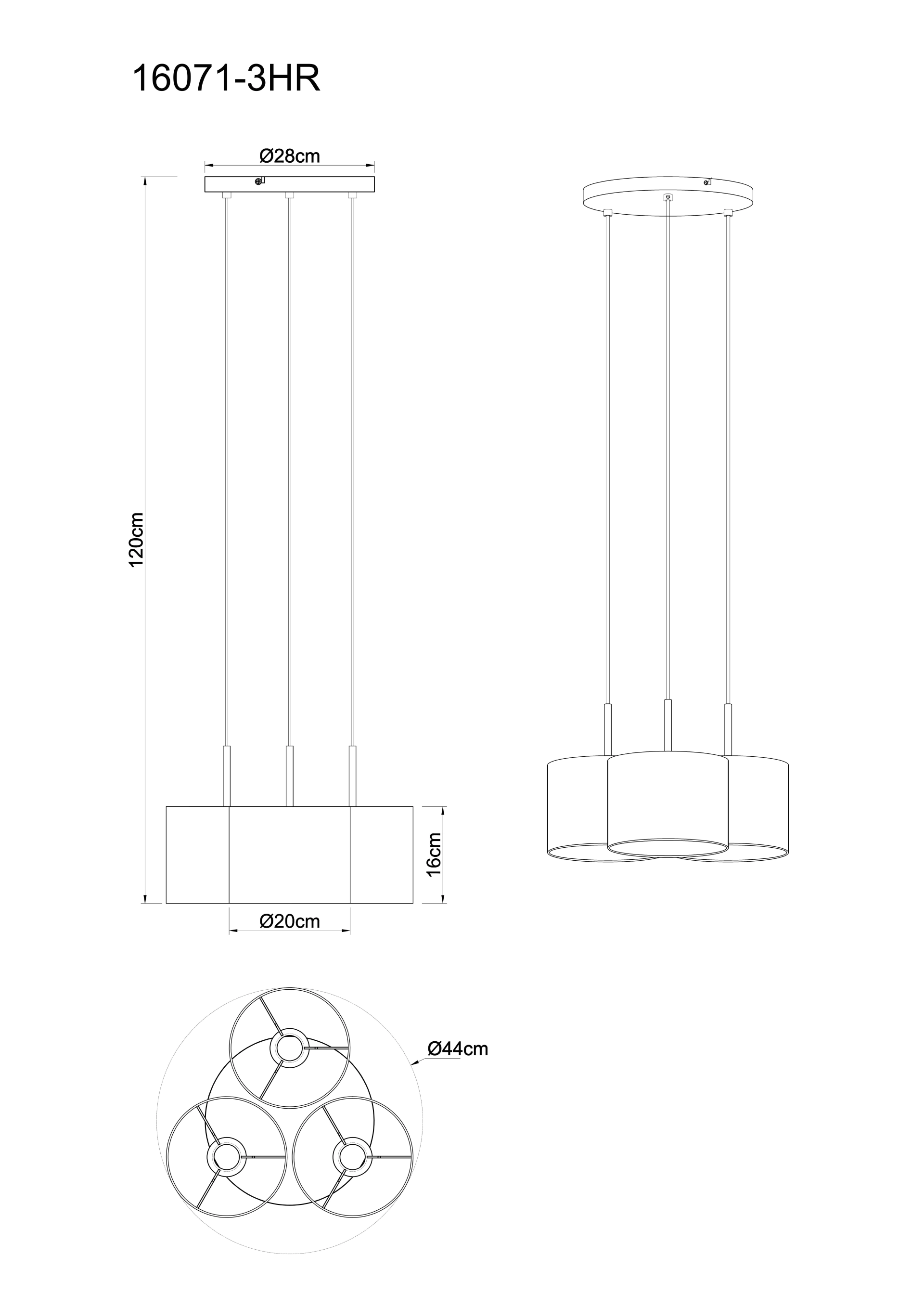 Technische Zeichnung: CORKIA Hängeleuchte aus sandfarbenem Metall von Globo Handels GmbH; 3x E27, je Leuchtmittel dimmbar; für BED/LIV. Maße: Höhe 120 cm, Schirm Ø20/H16 cm, Baldachin Ø28 cm, Gesamt-Ø 44 cm.