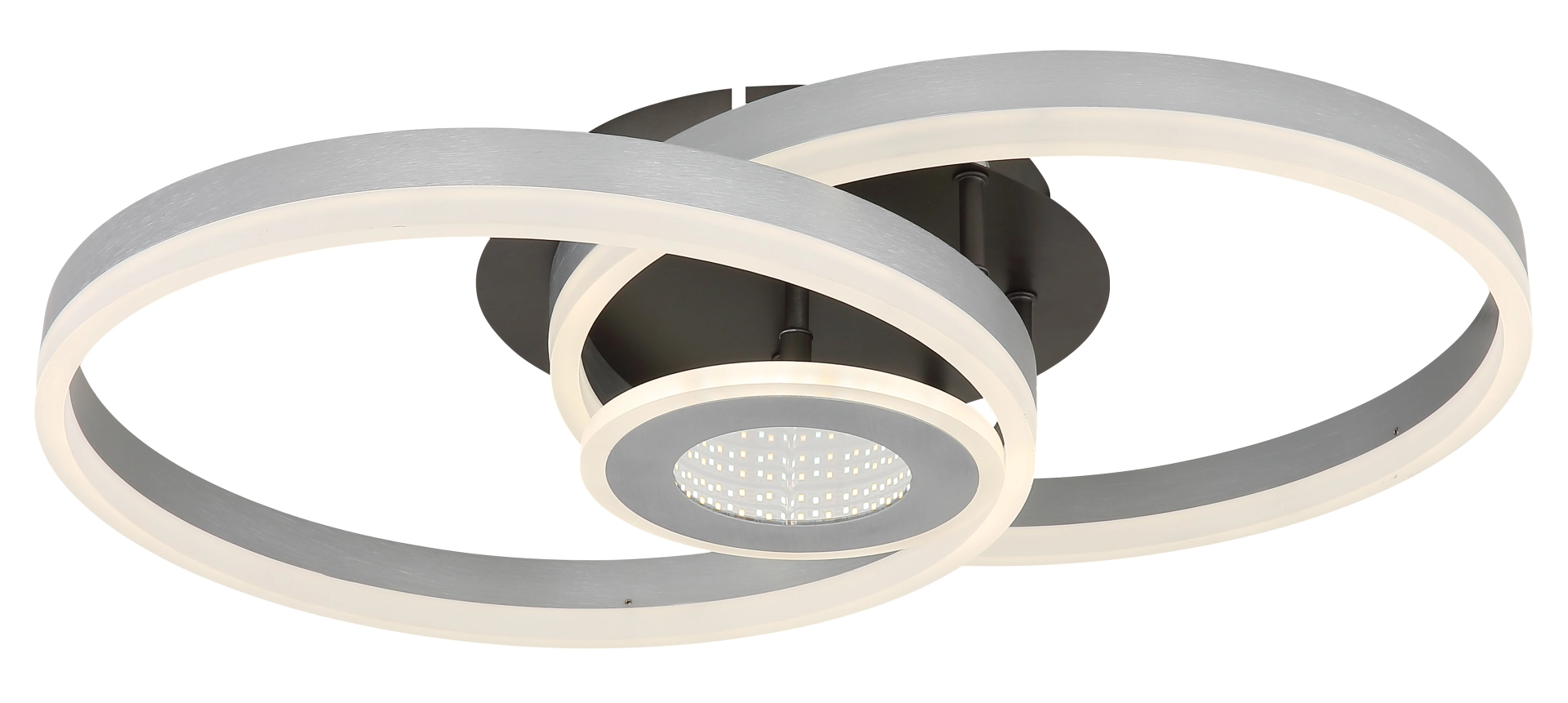 Produktfoto der ELORIA LED-Deckenleuchte aus Aluminium gebürstet von Globo Handels GmbH, Modell 67385A-42: runde Deckenplatte, zwei leuchtende Ringelemente und zentrales LED-Modul – moderne, flache Bauform in Silber.