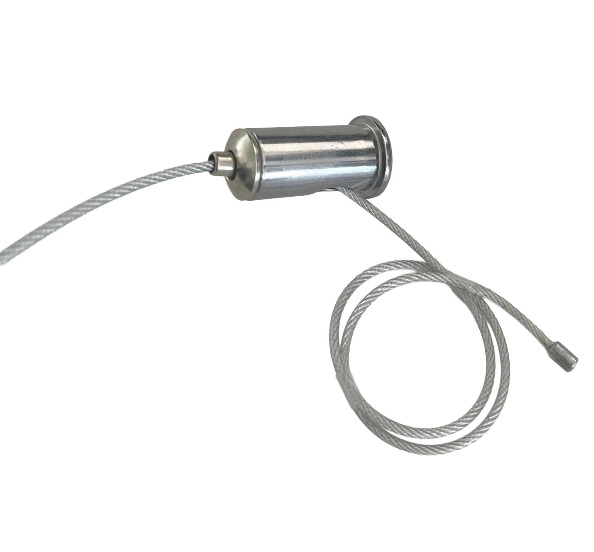 Detailaufnahme des Aufhängeseils mit zylindrischem Metallhalter der Pendelleuchte PELO aus Nickel matt; Teil des höhenverstellbaren Systems, passend zur Acrylschirm-Leuchte mit Touchdimmer und Memory von Globo Lighting, für Wohn- und Schlafzimmer.