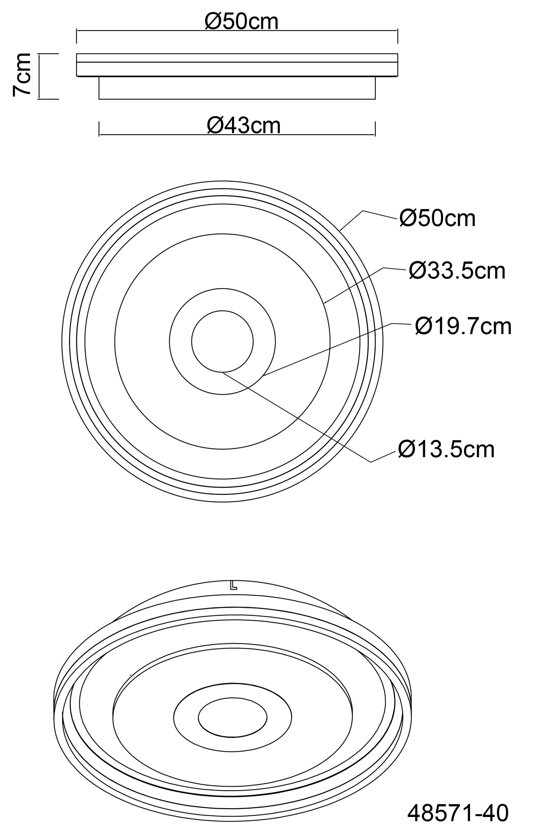 Technische Zeichnung der Deckenleuchte CARDENAS von Globo Handels GmbH: rund, Metall champagnerfarben matt, Acryl opal; Ø50 cm (Basis Ø43 cm), Höhe 7 cm; Ringdurchmesser 50/33,5/19,7/13,5 cm; Modell 48571-40.