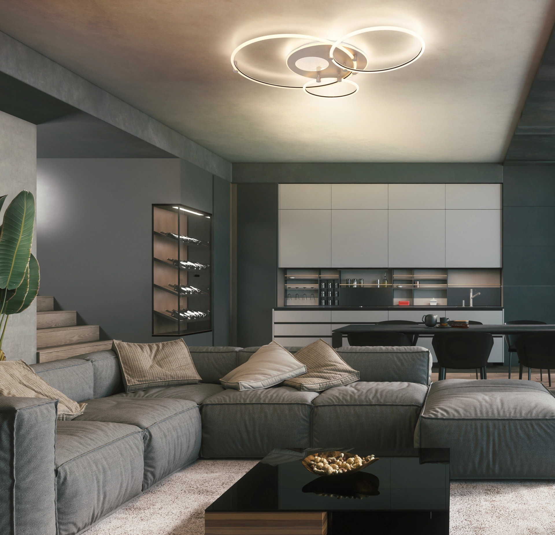 Wohnzimmer mit Deckenleuchte DEON von Globo Handels GmbH: drei versetzte Ringe mit Tunnel-Effekt, Metall mattweiß und champagner gebürstet, CCT 3000–6500 K, 8400 lm – stilvoller Mittelpunkt über dem Wohnbereich.