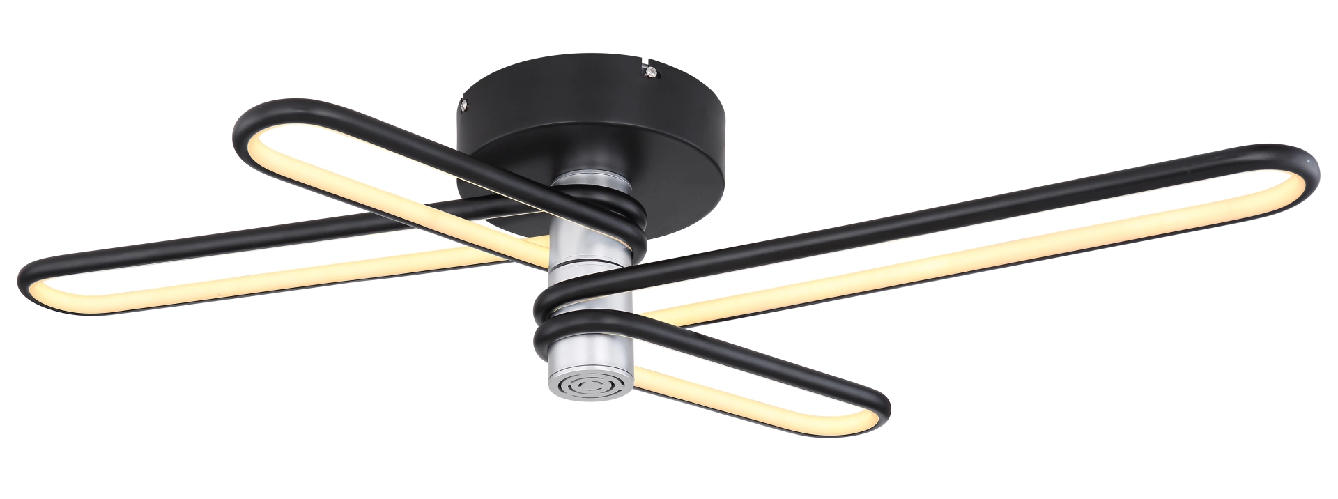 Bild: TOPPOLE Deckenlampe, vier L-förmig angeordnete abgerundete Aluröhren in Schwarz matt mit opalem Diffusor, warmweißes LED-Licht (1400 lm, 3000 K), integrierter 5W Bluetooth-Lautsprecher, 91,5x46,5 cm, Globo 58007DL