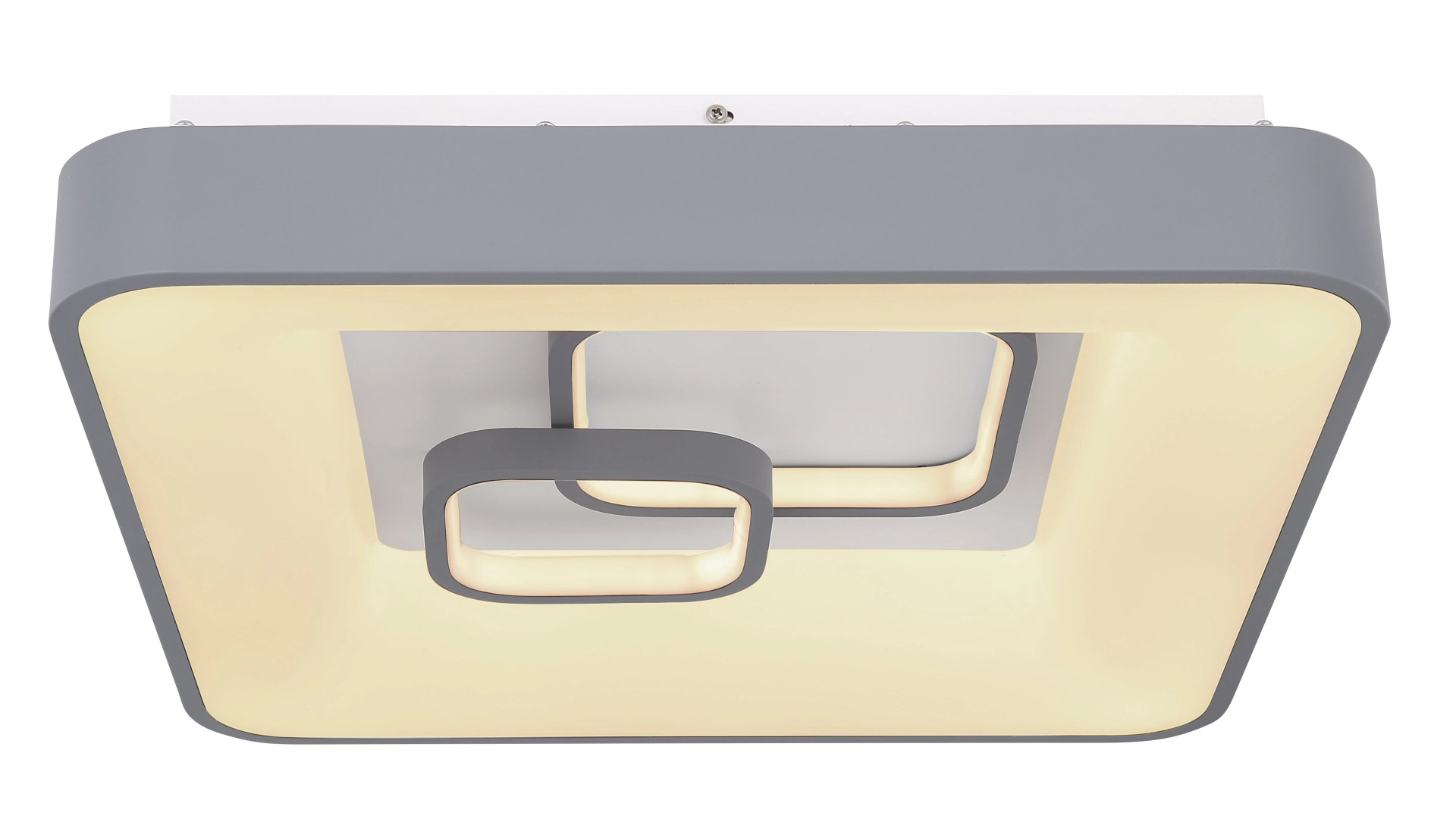 Quadratische LED-Deckenleuchte MAVY in Grau, 50x50 cm aus Metall/Acryl mit zwei ineinanderliegenden Rahmen; dimmbar bis 1900 Lumen, 3000–6000 K, per Fernbedienung steuerbar, Memory-Funktion; Globo Handels GmbH 48416-50