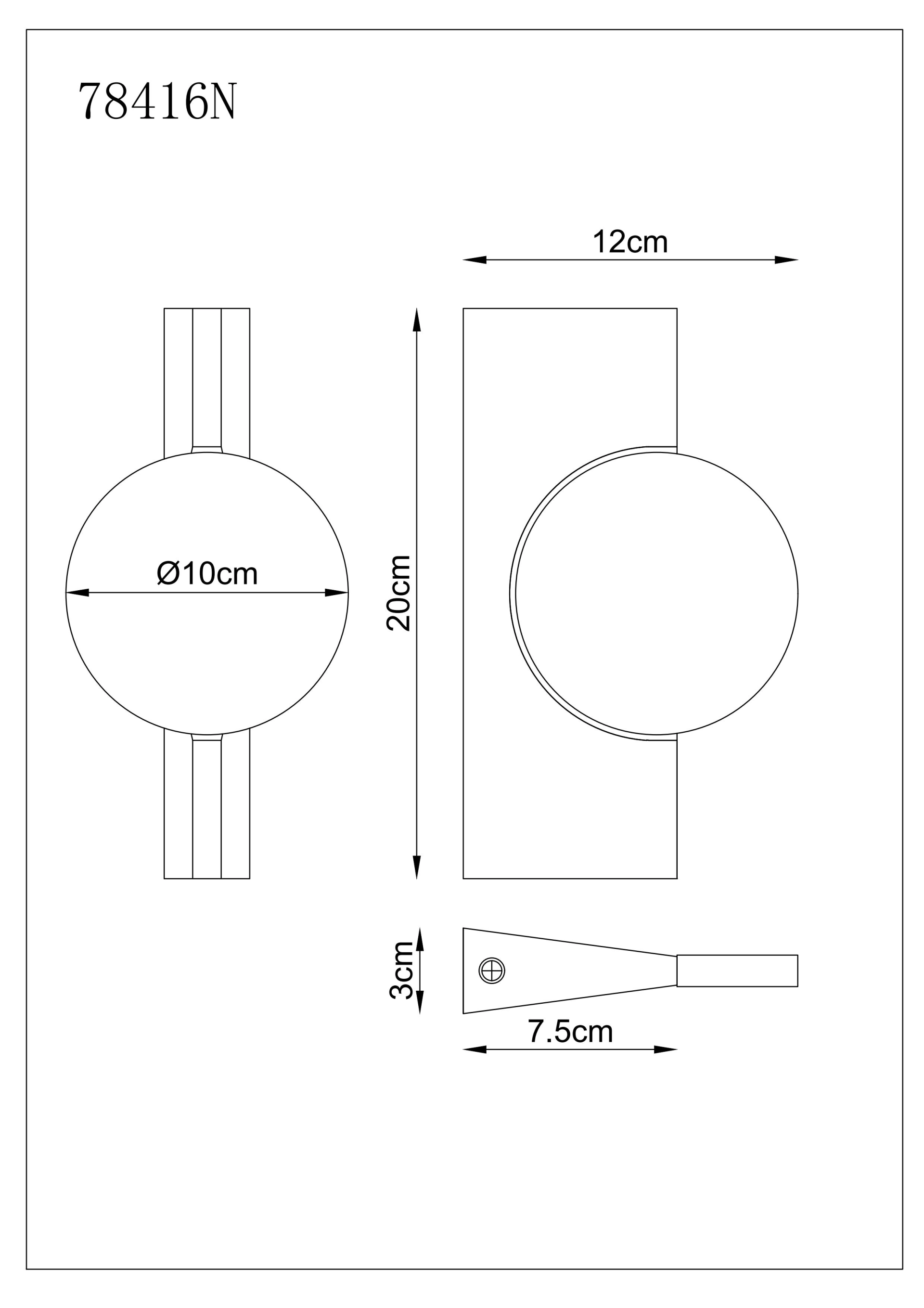 Technische Zeichnung der Wandleuchte JASPER (Globo Handels GmbH): Nickel matt, rechteckige Basis mit rundem Kopf; Maße: H 20 cm, B 12 cm, Ø 10 cm, Hebel 7,5 cm, Aufbau 3 cm; LED 3W, 3000K – für Wohn-, Schlaf- und Flurbereich.