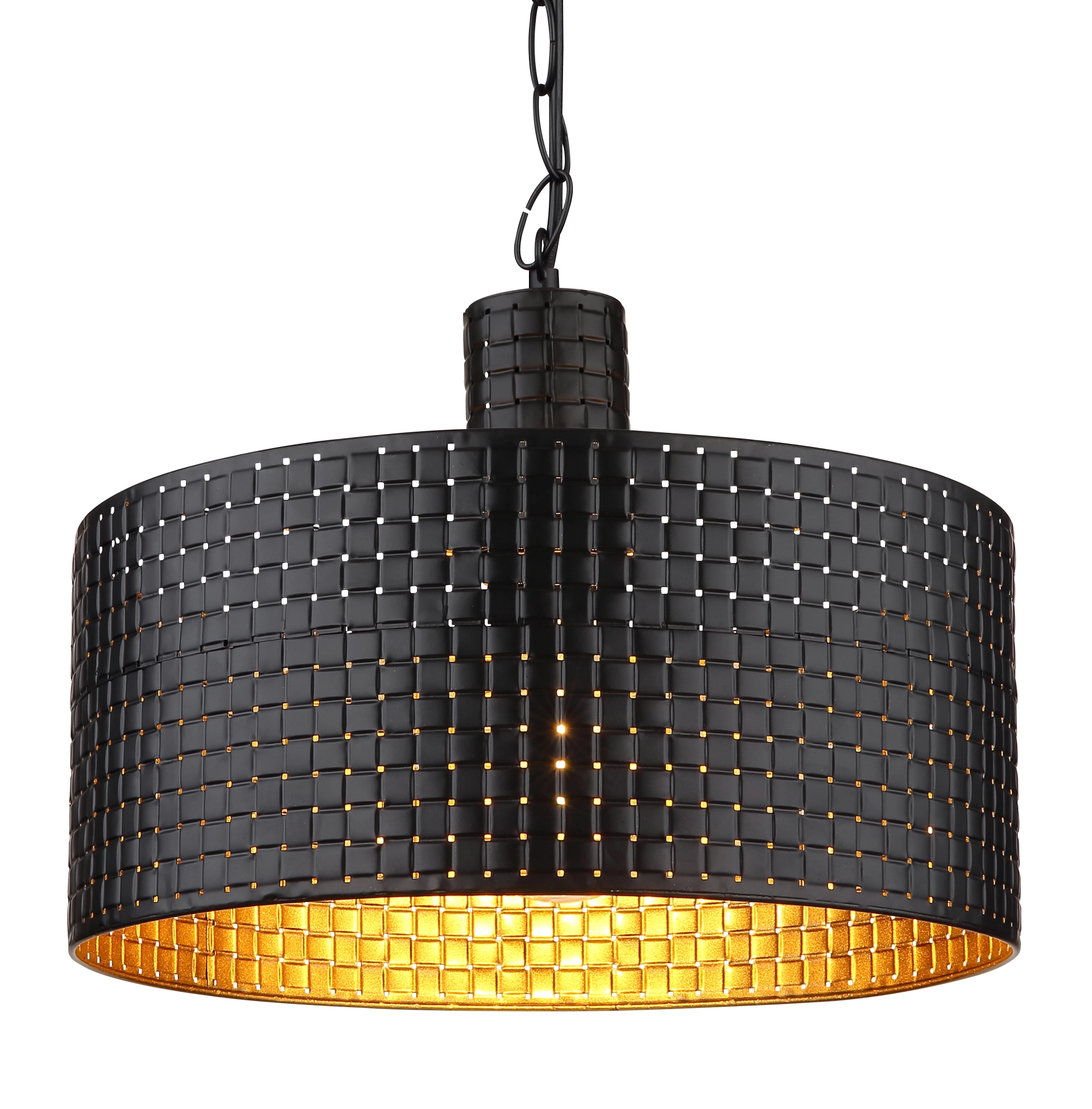 Produktbild RIELLY: schwarze Hängeleuchte mit durchbrochenem, geflochtenem Metallschirm und goldfarbener Innenfläche; E27 Fassung bis 60 W, 1,2 m Kette; Hersteller Globo Handels GmbH, Modell 15651H – elegantes, warmes Licht.