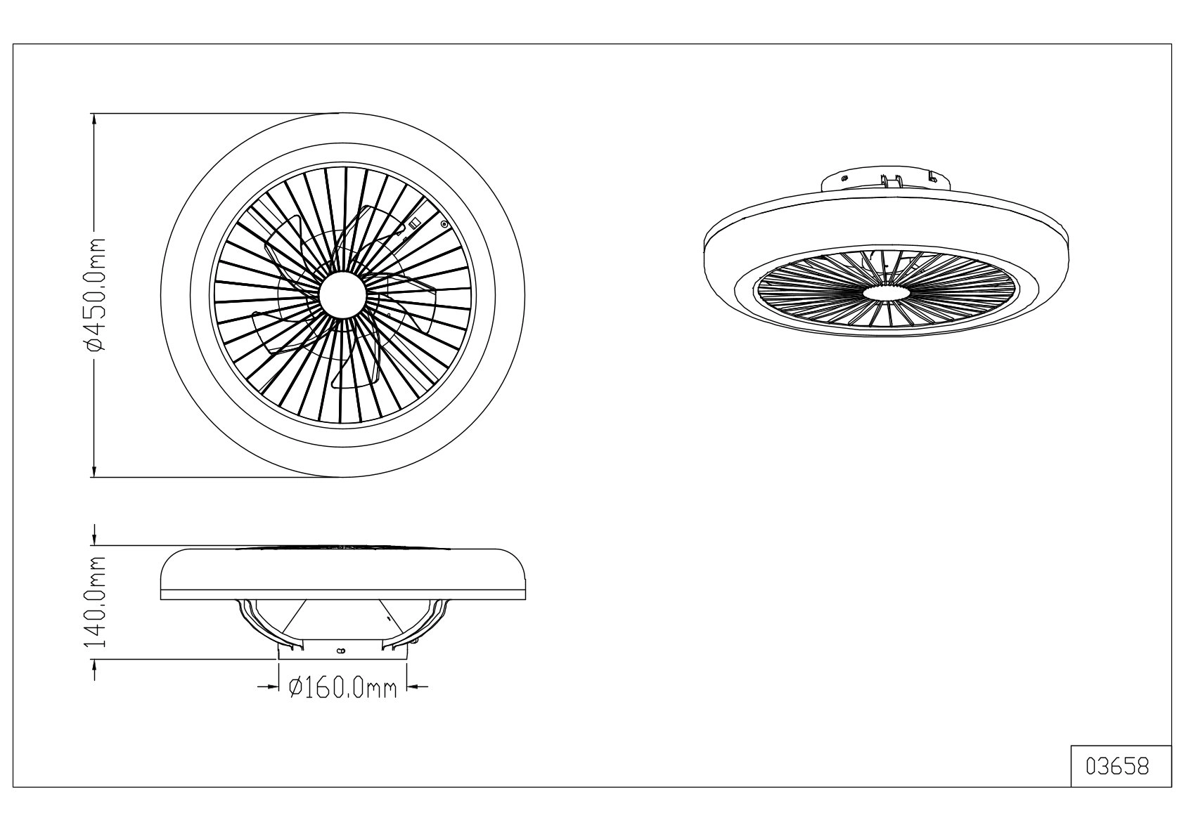 Technische Zeichnung FERRELL runder Deckenventilator/Deckenleuchte, Kunststoff weiß matt, opaler Schirm, innenliegende Flügel, Ø450 mm, Höhe 140 mm, LED dimmbar, CCT, Nachtlicht & Timer per Fernbedienung, Globo Handels GmbH