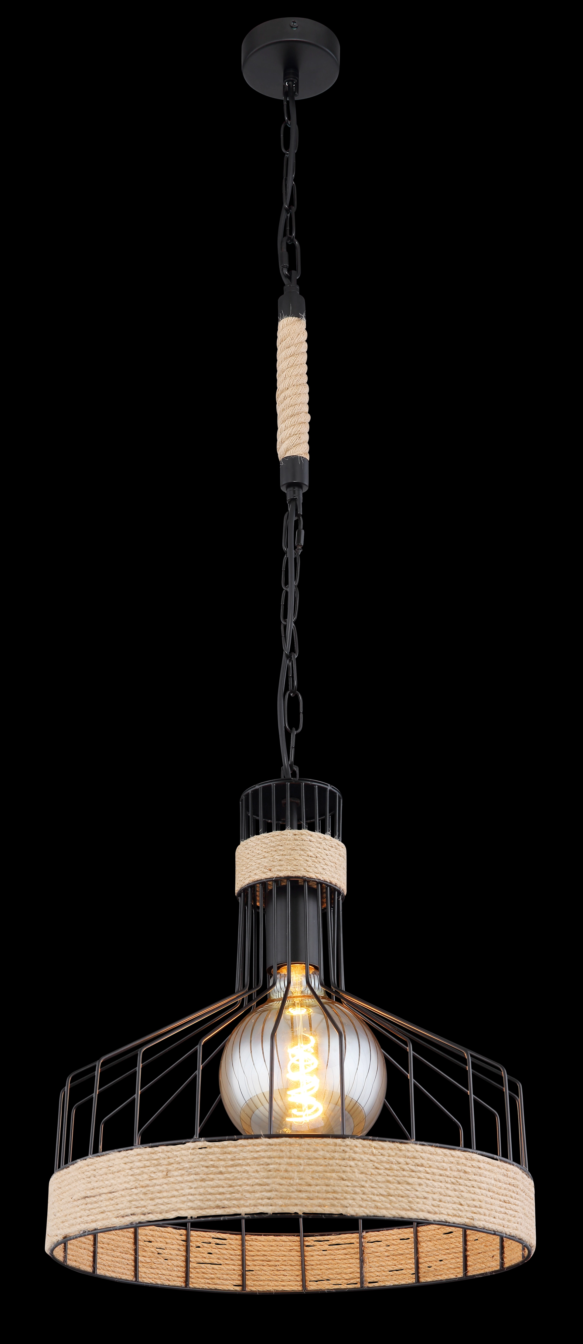 HALIA Pendelleuchte, schwarzer Metall-Gitterschirm mit Hanfseil-Akzenten und sichtbarer E27-Lampe, Kettenpendel, Ø35 cm, Länge 135 cm, LED-geeignet, von Globo Handels GmbH, Artikel 15675H1