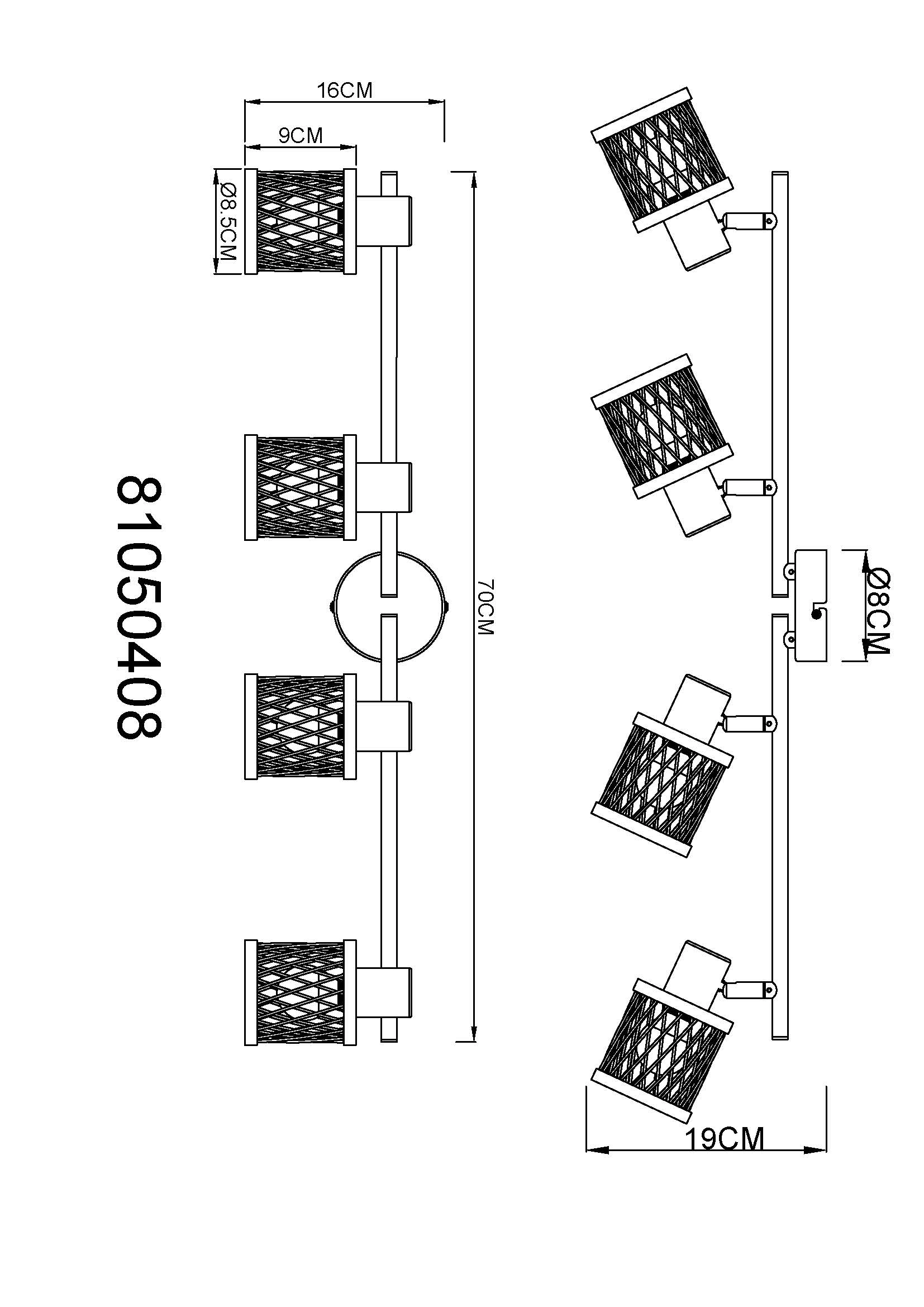 Maßskizze: Strahler MALI von Globo Handels GmbH, 4-flammig, verstellbare Spots aus matt schwarzem Metall mit Bambusgeflecht; Länge 700 mm, Breite 85 mm, Ausladung 190 mm; 4x E14, dimmbar – ideal für Flur und Wohnzimmer, Vintage-Look.