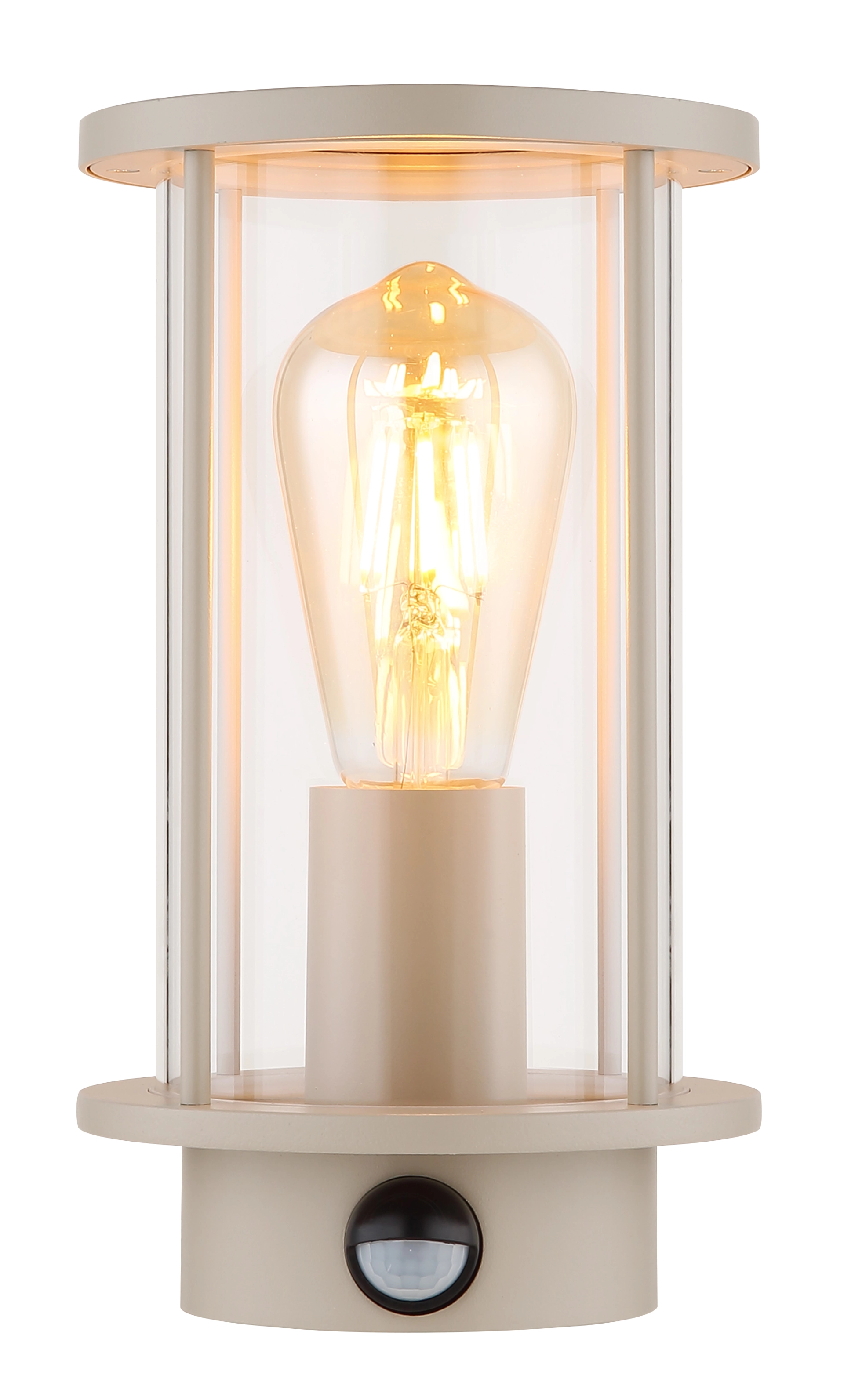 Lanterne extérieure GRACEY en acier inoxydable couleur sable mate avec verre clair, ampoule visible à l’intérieur