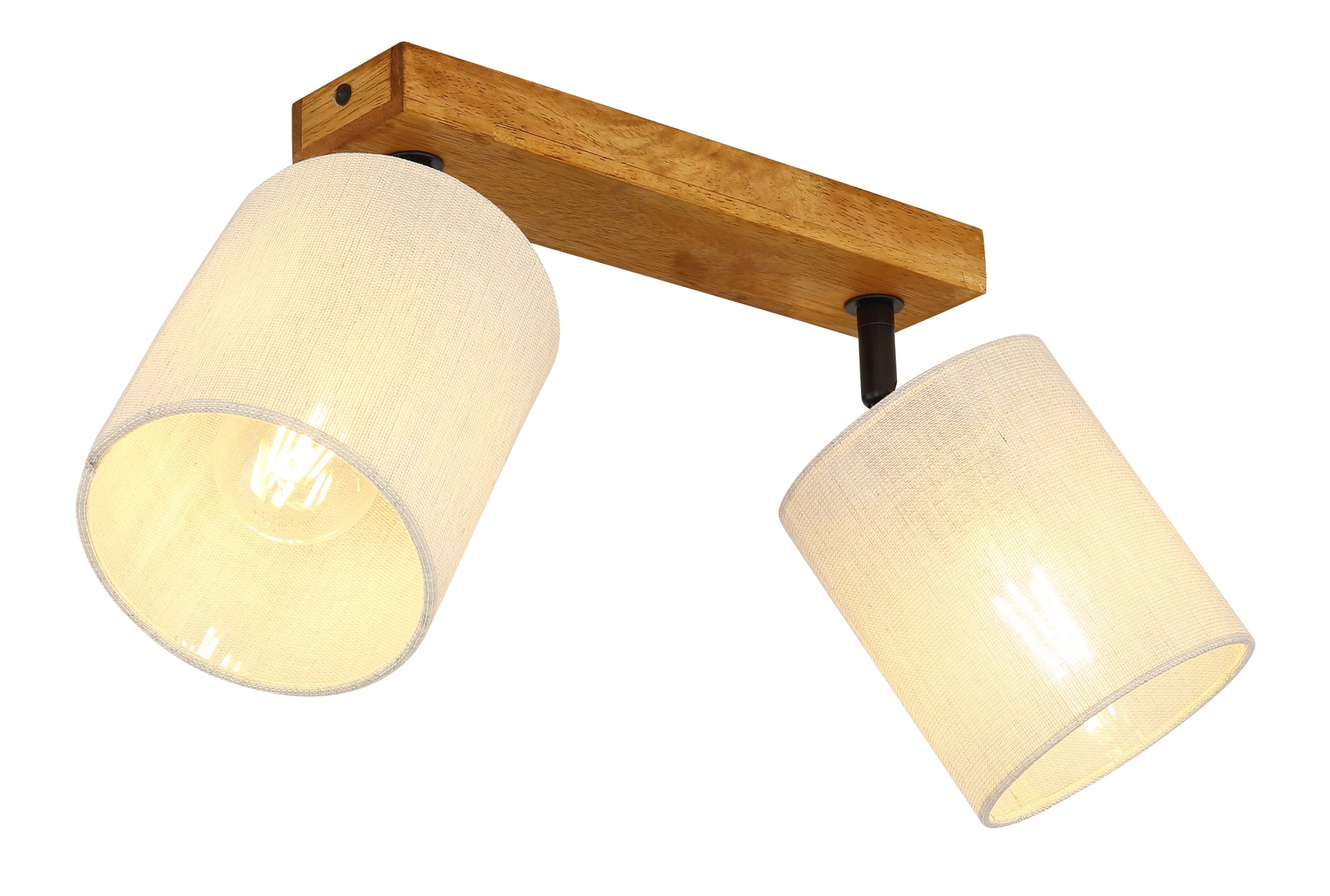 JULE Deckenstrahler 2-flammig aus Holz braun mit verstellbaren, zylindrischen Stoffschirmen; warmes Licht auf Holzleiste. Hersteller: Globo Handels GmbH, Artikel 81600246 – ideal für Wohn- und Essbereich.