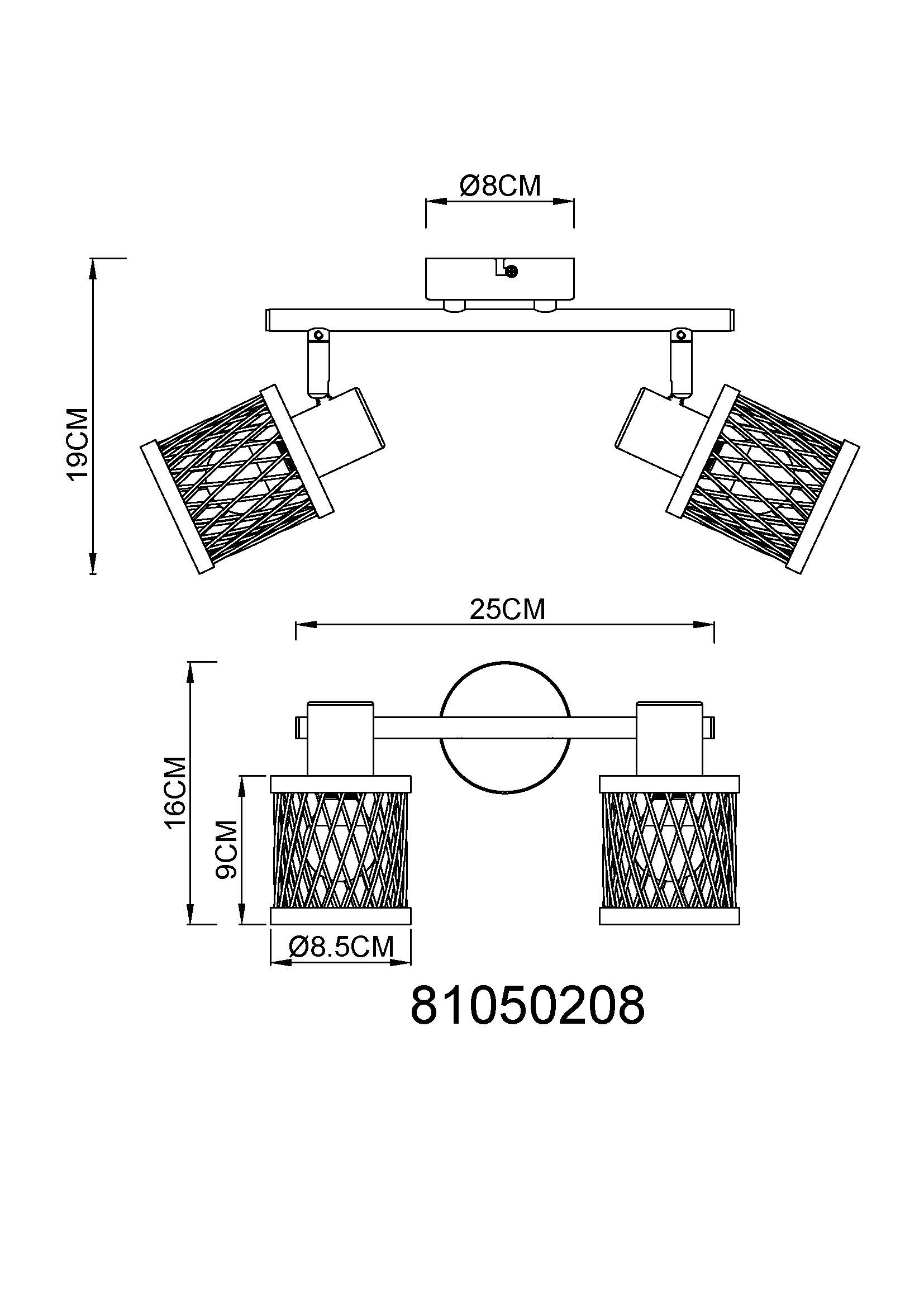 Technische Zeichnung: MALI Strahler von Globo, 2-flammig auf gerader Schiene, Metall/Bambus schwarz. Maße: Länge 25 cm, Höhe 16–19 cm, Ø Baldachin 8 cm, Ø Schirm 8,5 cm. Fassung E14, dimmbar, IP20 – ideal für Wohnräume.