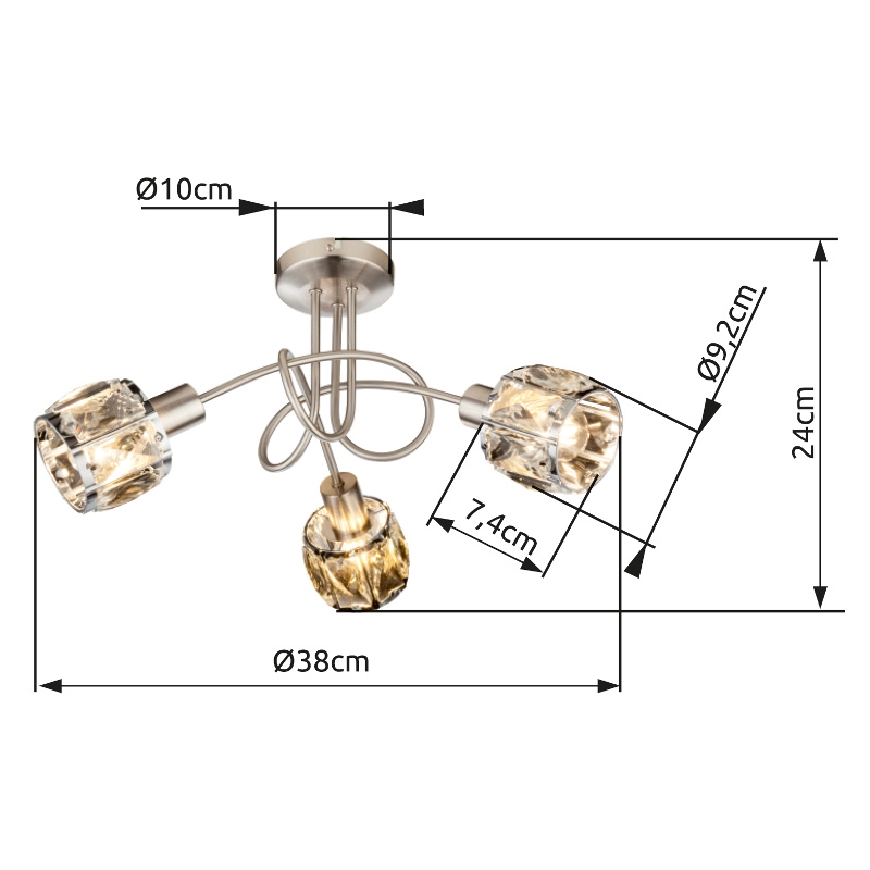 KRIS Deckenstrahler, 3-flammig: Glaskristall-Strahler in verchromtem Metall, Arme Nickel matt, nicht schwenkbar; E14 (max. 40W), LED empfohlen. Maße: Ø38 cm, Höhe 24 cm, Schirm Ø9,2 cm, Baldachin Ø10 cm. Hersteller: Globo Handels GmbH, 54356-3