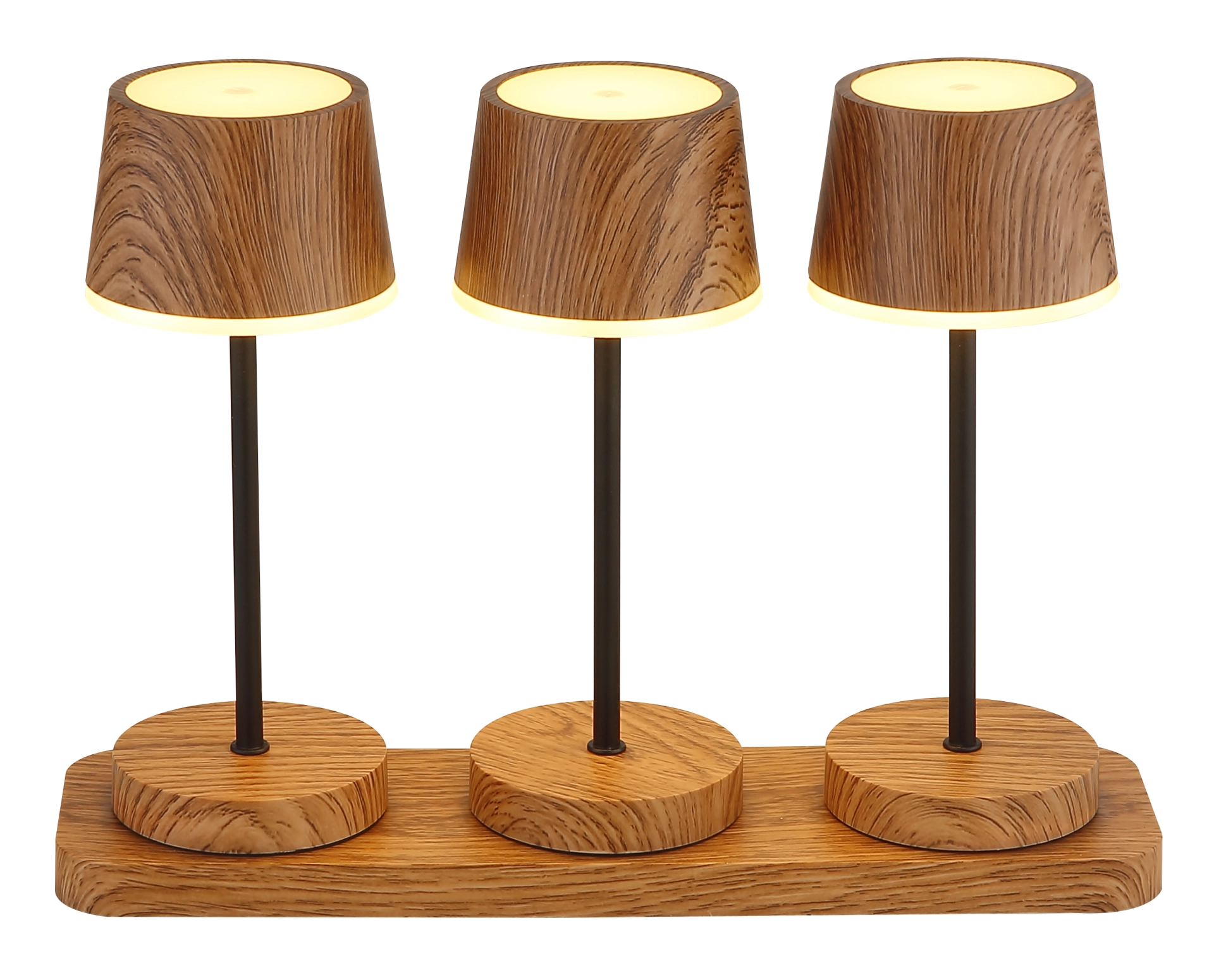 Dreiflammige Tischleuchte DAWSON in dunkler Holzoptik mit Metallstange und Holzunterbau – Globo 58493-3H