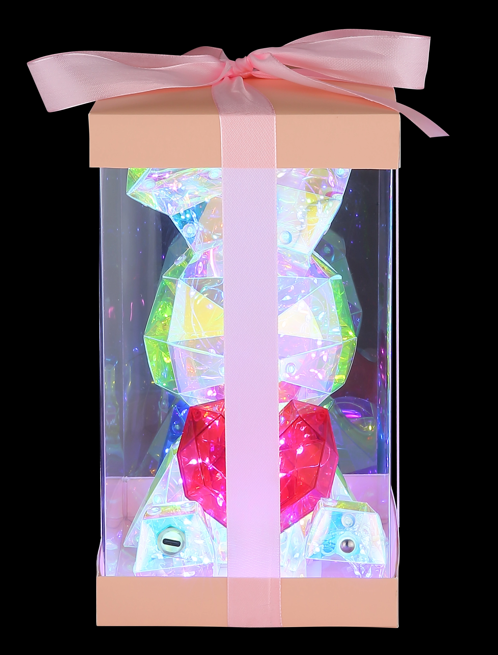 Geschenkverpackte BRONDAR Tischleuchte aus Kunststoff mit klar/rot Kristall-Effekt und LED-Licht, Herzdetail; Hersteller Globo Handels GmbH, Modell 28099 – stimmungsvolle Deko-Lampe für Tisch und Regal
