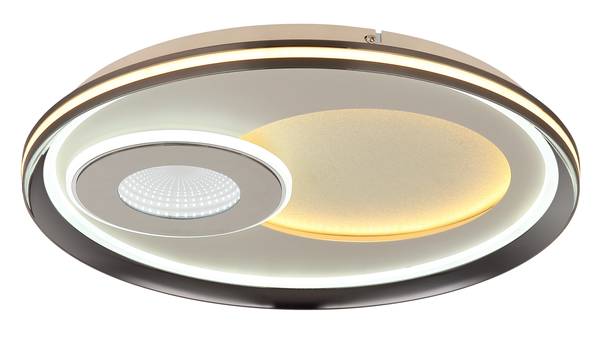 Runde LED-Deckenleuchte JUTA von Globo Handels GmbH aus sandfarben mattem Metall mit champagnerfarbenen Acrylkristallen und ringförmigem Licht, modernes Design, Produktabbildung von unten, Modell 48572-36
