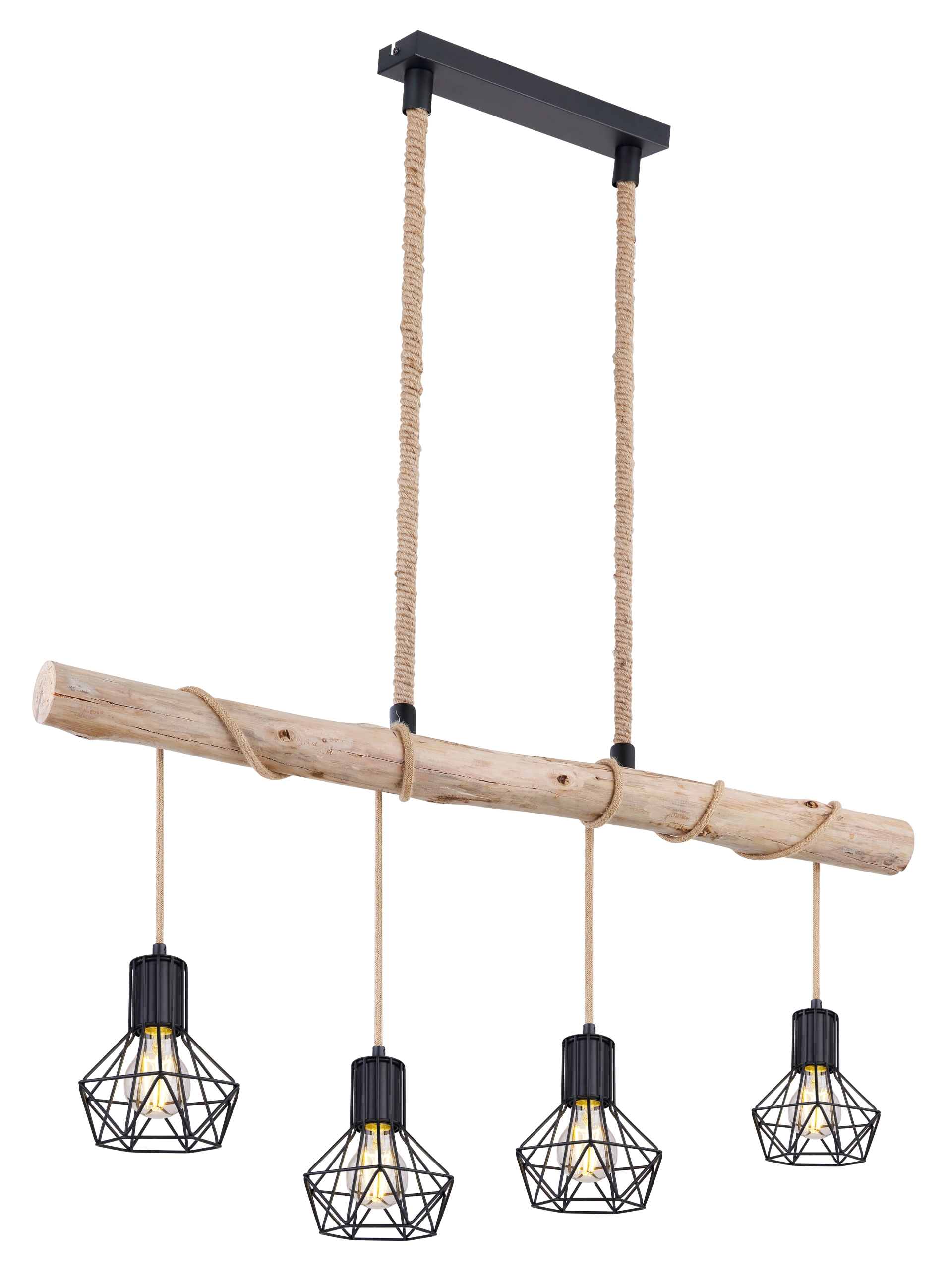 Vierflammige Hängeleuchte aus Holzstange mit Hanfseilen und schwarzen Metallgitterschirmen, 4xE27 bis 7W LED, warmes Licht, Modell 54017-4HHLMDS von Globo Handels GmbH – Deckenleuchte für Ess- und Wohnbereich