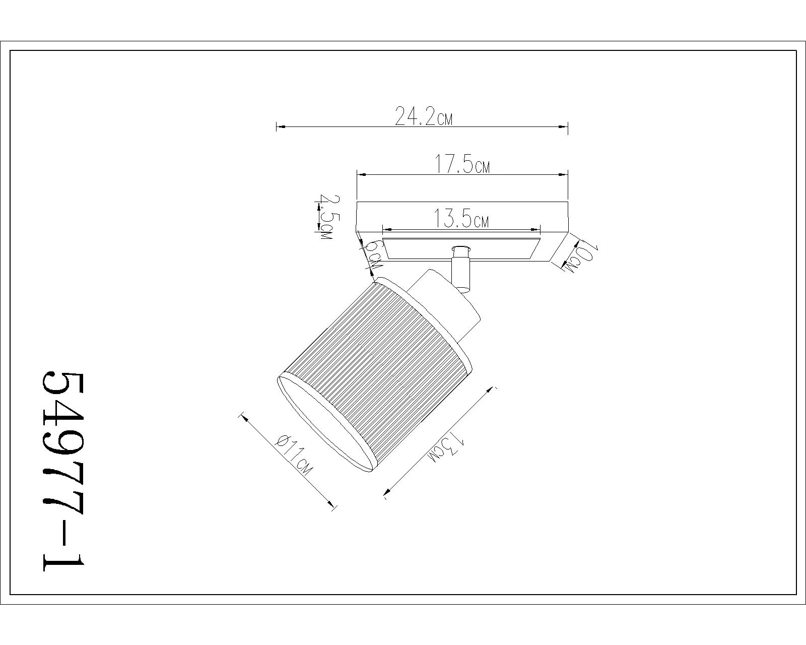 Technische Zeichnung des ALUMA Strahlers 54977-1 von Globo Handels GmbH: Spot aus Metall sandfarben matt mit beigem Textilschirm; verstellbar auf Deckenschiene; Abmessungen und Montagemaße ersichtlich.