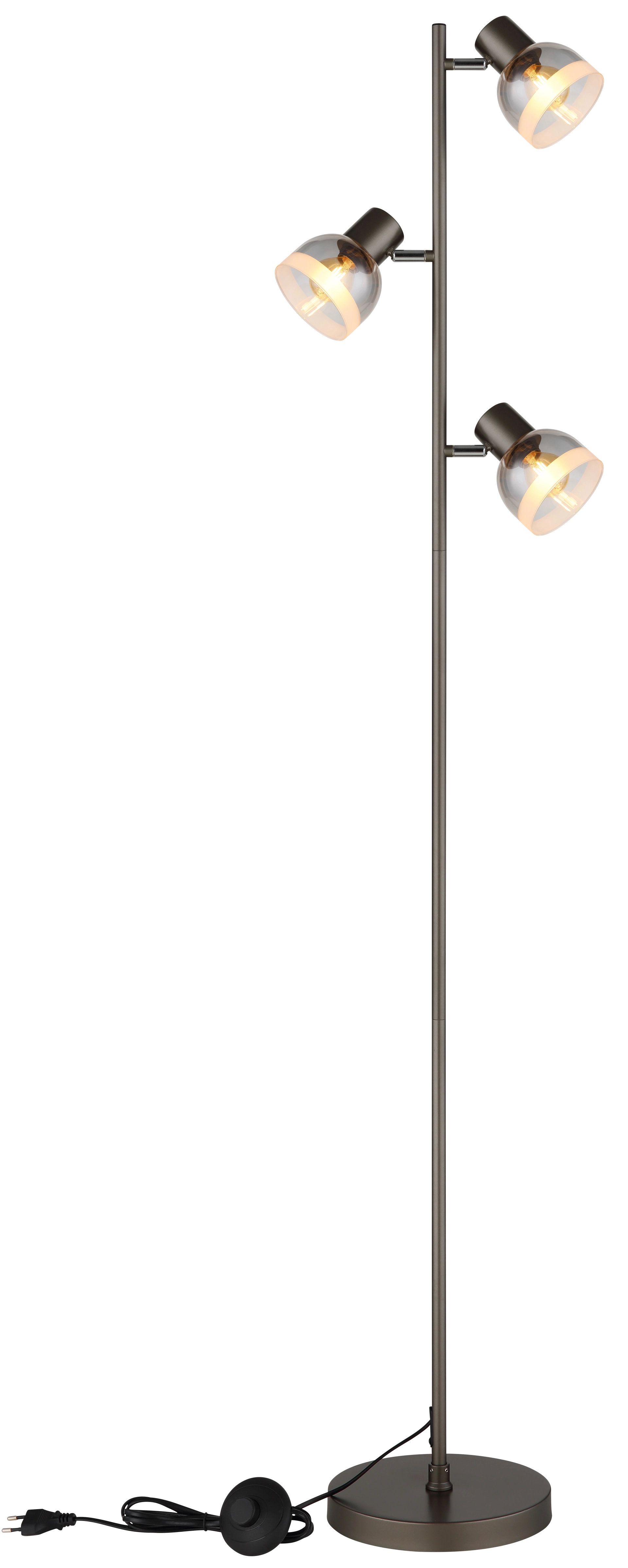 Produktfoto: KAIRO Stehleuchte 3-flammig von Globo Handels GmbH, Metall schwarz-chrom matt mit rauchfarbenen Glasschirmen, verstellbare Spots, runder Standfuß und Fußschalter am Kabel, Modell 54048-3S.