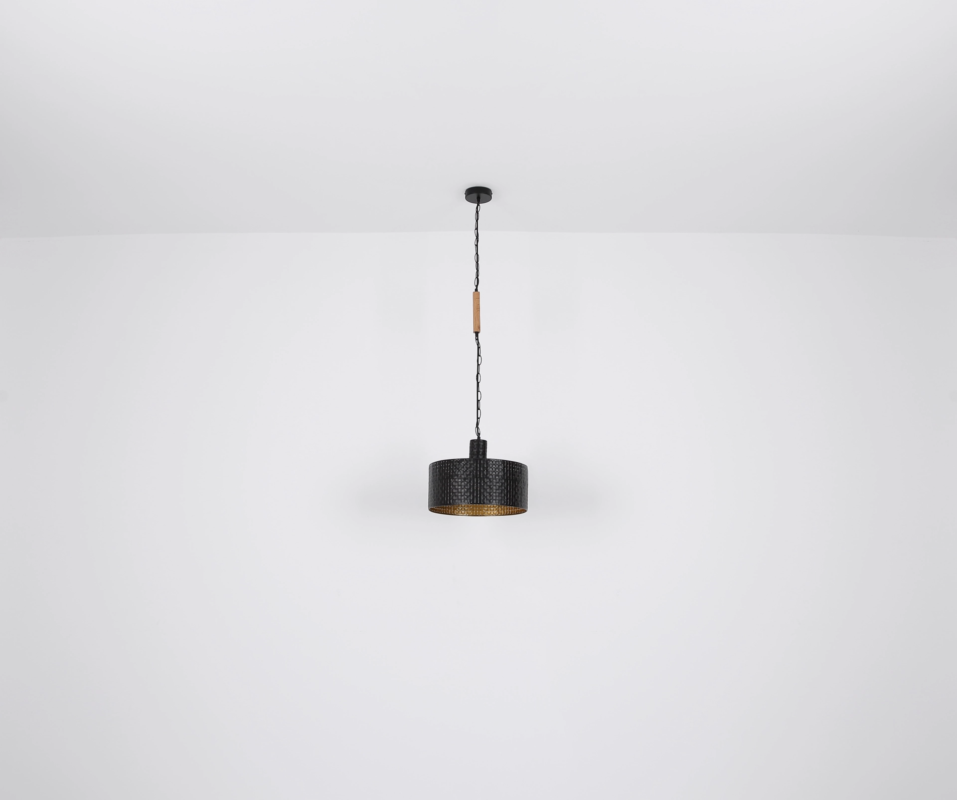 RIELLY Hängeleuchte von Globo Handels GmbH: schwarze, matte Metall-Pendelleuchte mit 1,2 m Kette und goldfarbenem Innenschirm, E27 Fassung bis 60 W, Modell 15651H, modernes Design auf weißem Hintergrund