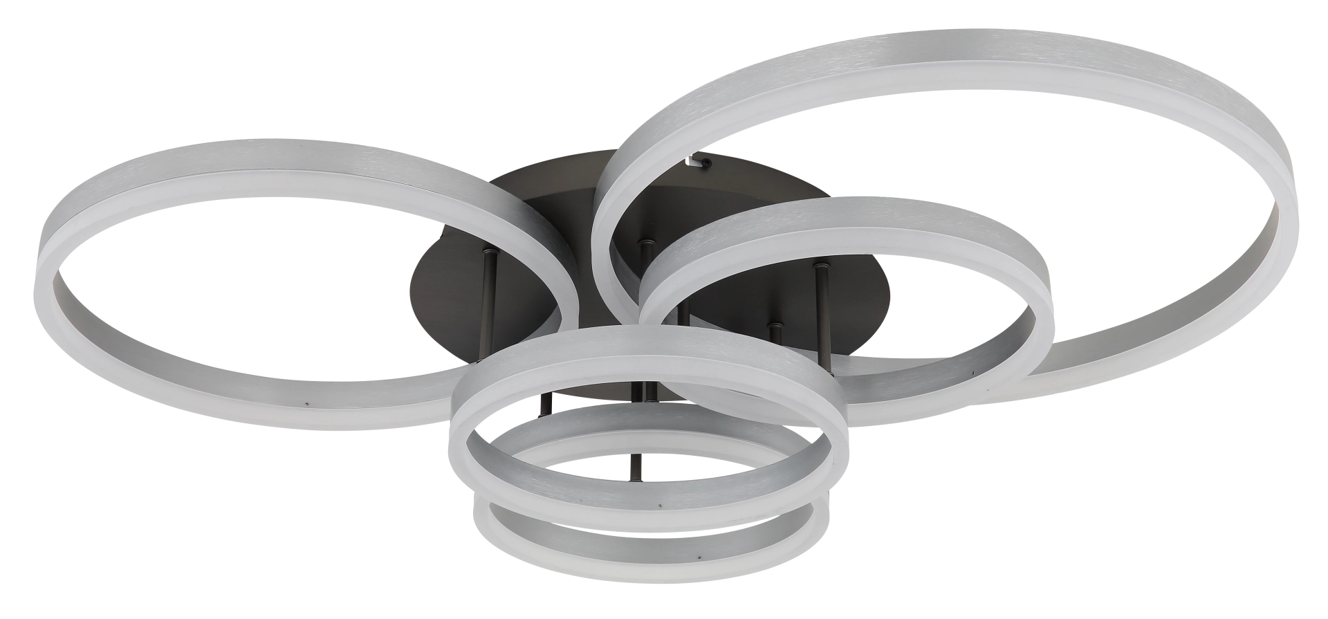 Moderne Deckenleuchte ELORIA von Globo Handels GmbH, Modell 67385A-85, aus gebürstetem Aluminium mit mehreren ringförmigen Lichtleisten auf runder Deckenplatte – ideal für Wohn- und Esszimmer.