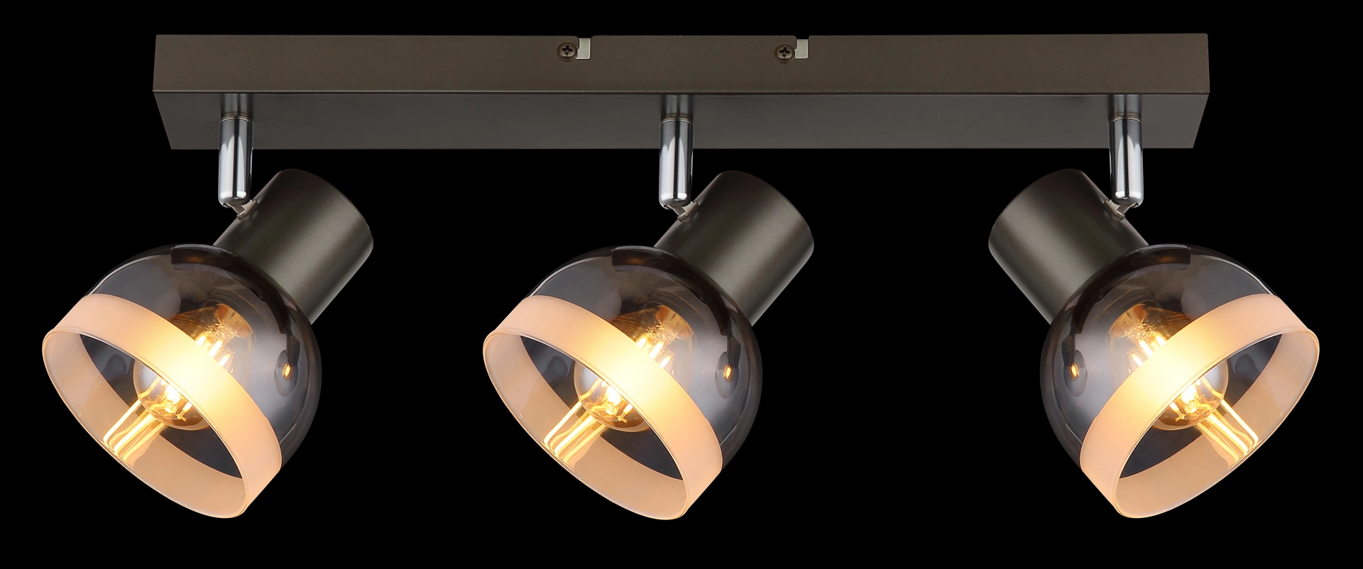 Produktbild: KAIRO Deckenstrahler 3-flammig auf Schiene, Metall schwarz-chrom matt, kugelförmige Schirme aus rauchfarbenem Glas, warmes Licht; Hersteller: Globo Handels GmbH; Artikel-Nr. 54048-3