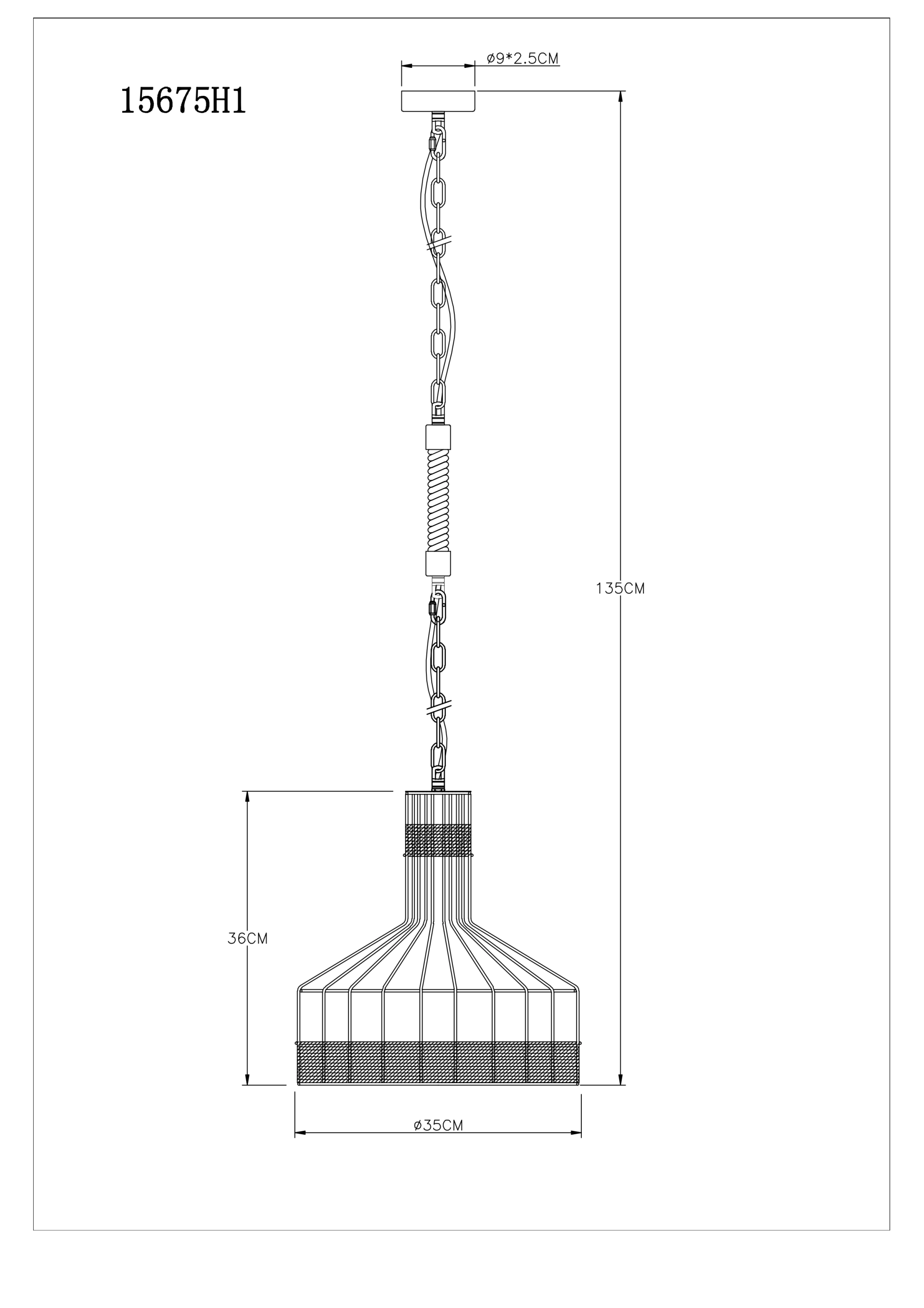 Technische Zeichnung der Hängeleuchte HALIA 15675H1 von Globo Handels GmbH: Metall schwarz matt mit Hanfseil, Schirm Ø35 cm, Höhe 36 cm, Gesamtlänge 135 cm, Fassung E27 max. 60W, LED geeignet.