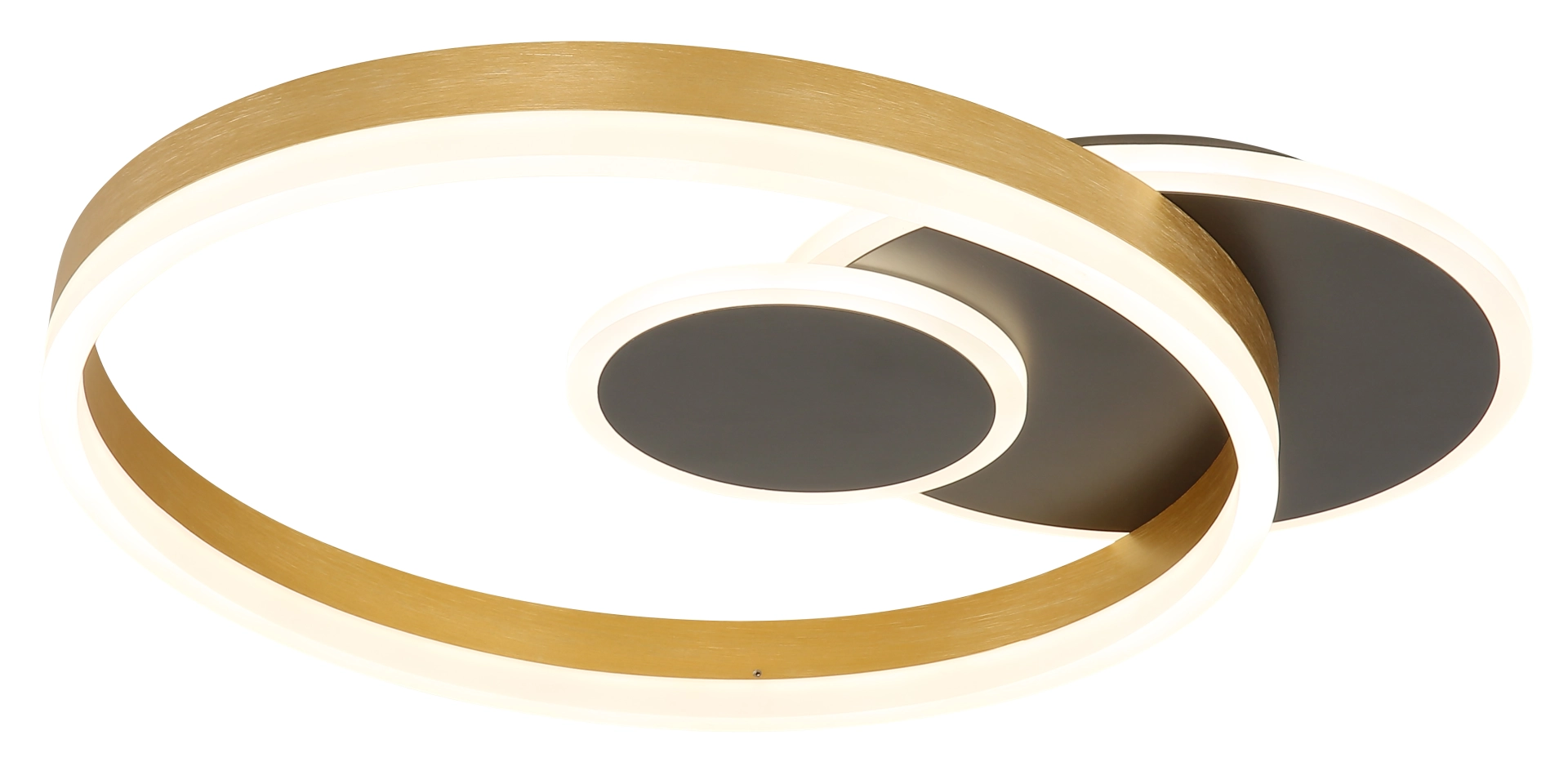 Produktfoto: ELORIA Deckenleuchte von Globo Handels GmbH, Modell 67385-32; moderne LED-Deckenlampe mit zwei überlappenden Leuchtringen, Aluminium gebürstet in schwarz matt und goldfarben, für gleichmäßiges warmweißes Deckenlicht.