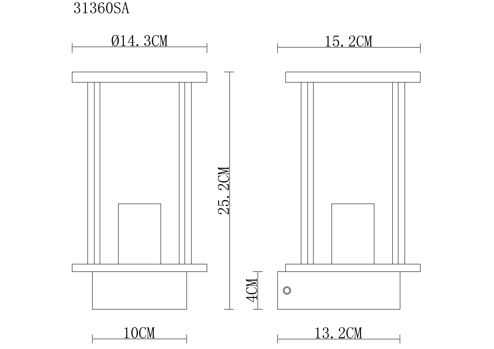 Schéma technique du luminaire extérieur GRACEY, acier inox sable mat, verre clair, modèle 31360SA de Globo Handels GmbH ; dimensions : hauteur 25,2 cm, Ø 14,3 cm, base 10 x 13,2 cm, socle 4 cm.